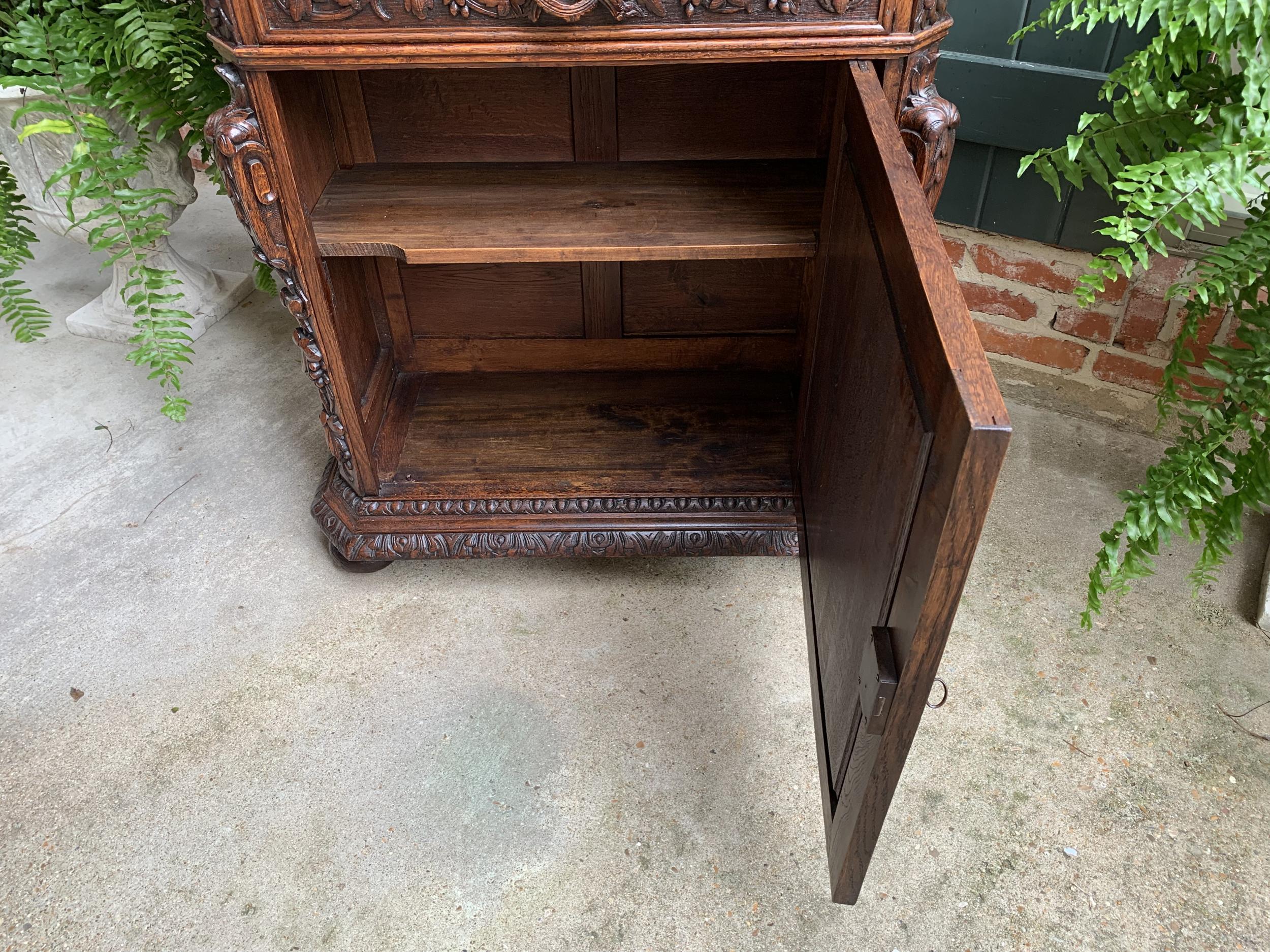 Antique French Carved Oak Cabinet Bookcase Renaissance Lion Black Forest Vitrine 15