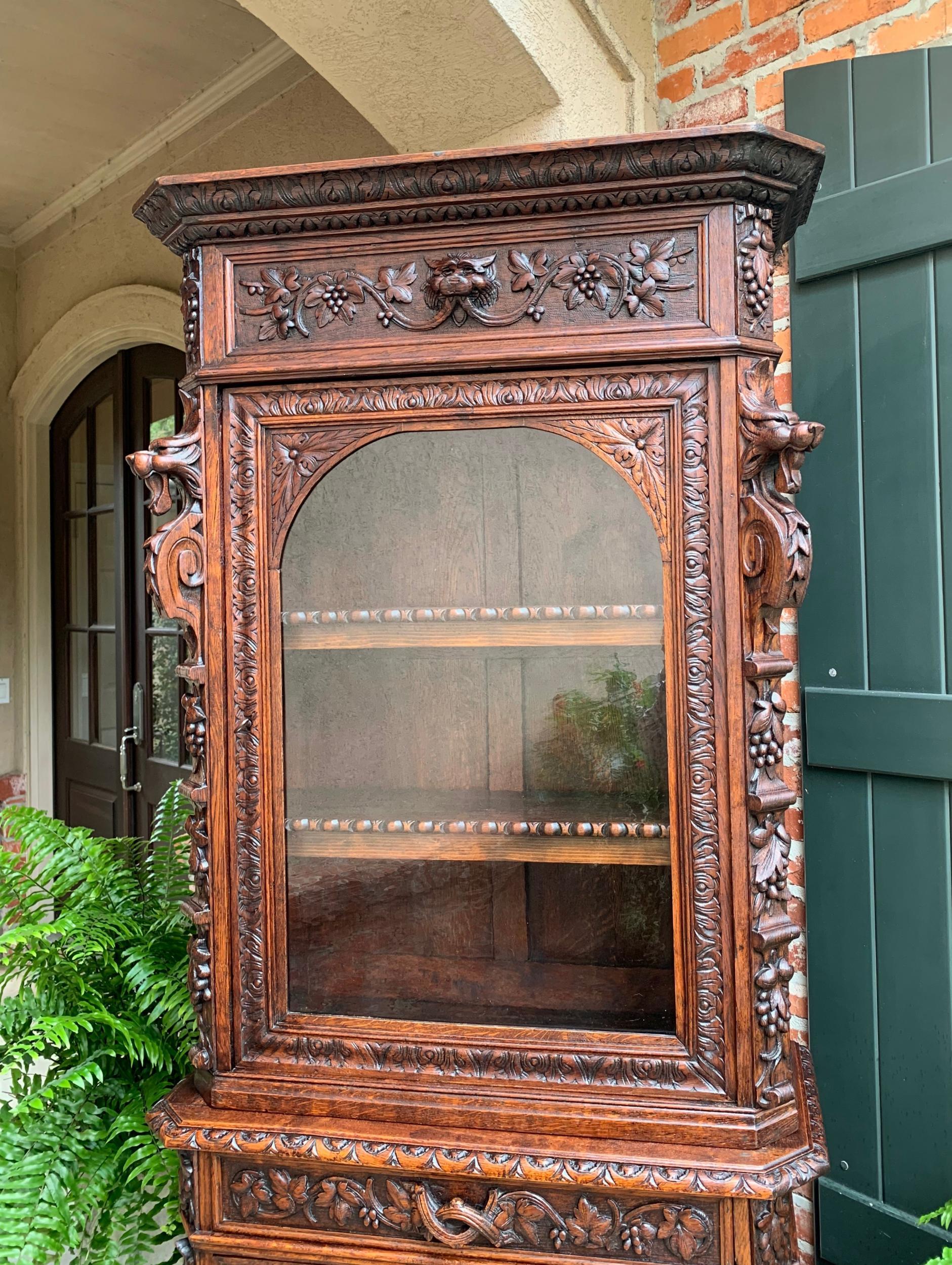 Hand-Carved Antique French Carved Oak Cabinet Bookcase Renaissance Lion Black Forest Vitrine