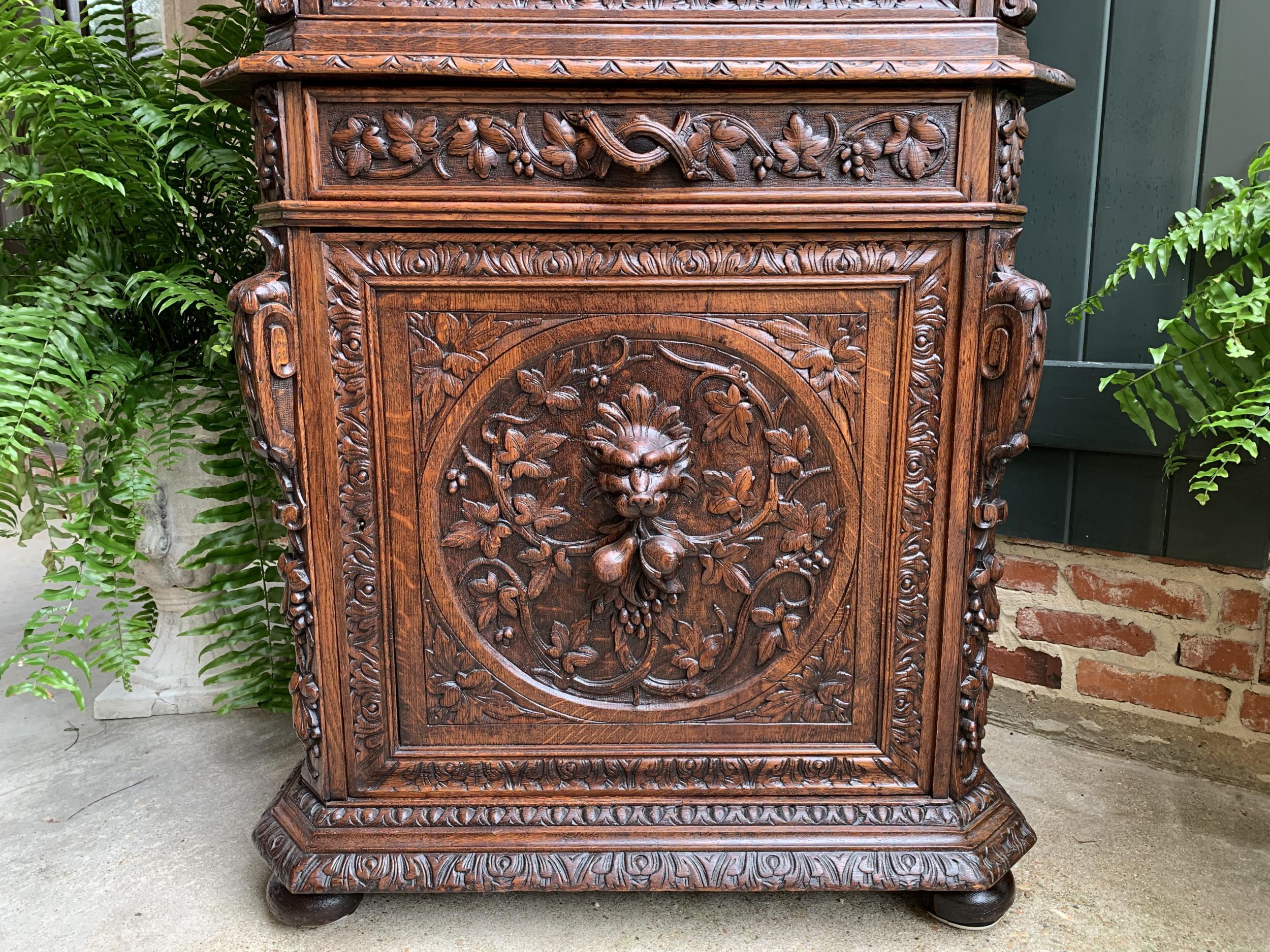 Antique French Carved Oak Cabinet Bookcase Renaissance Lion Black Forest Vitrine 2