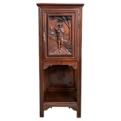 Antique French Carved Oak Cabinet Breton Bagpipe Brittany Petite Bookcase Wine
