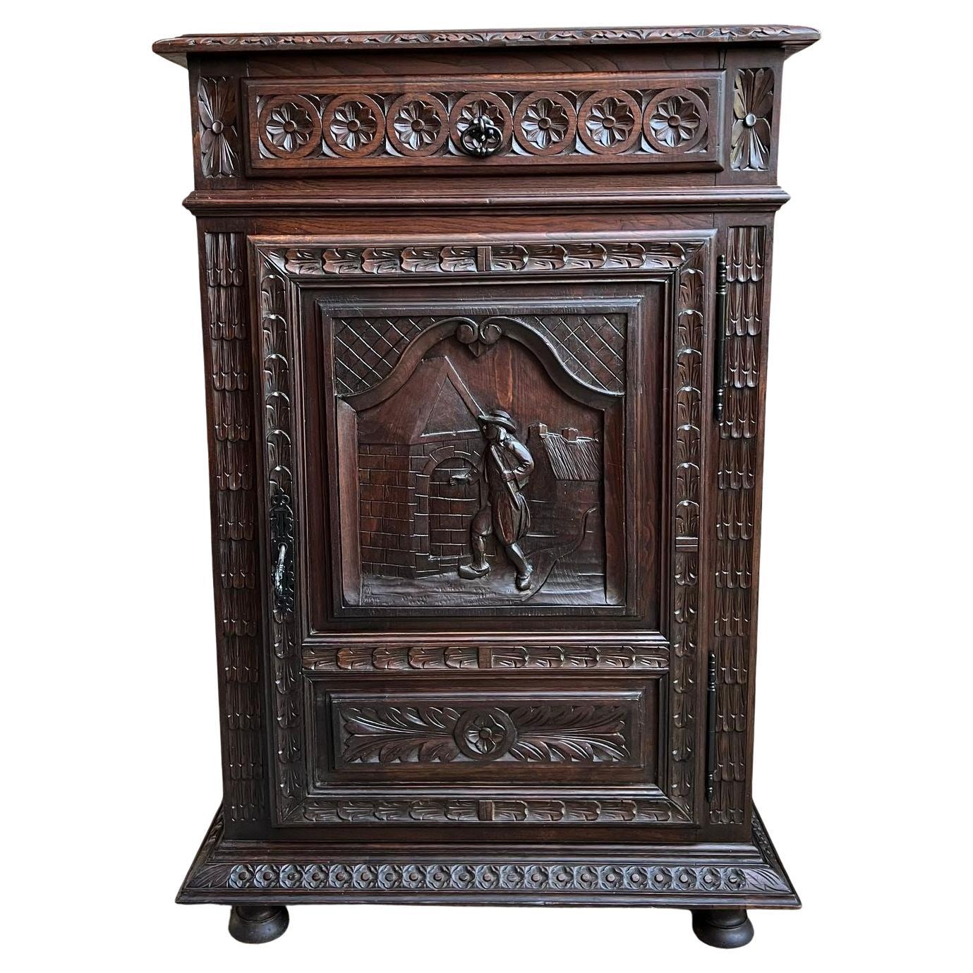 Antique French Carved Oak Cabinet Breton Brittany Cocktail Sideboard Server