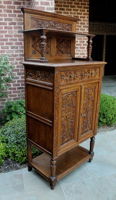 Antique French Carved Oak Cabinet Gothic Vestry Wine Bar Server Sideboard
