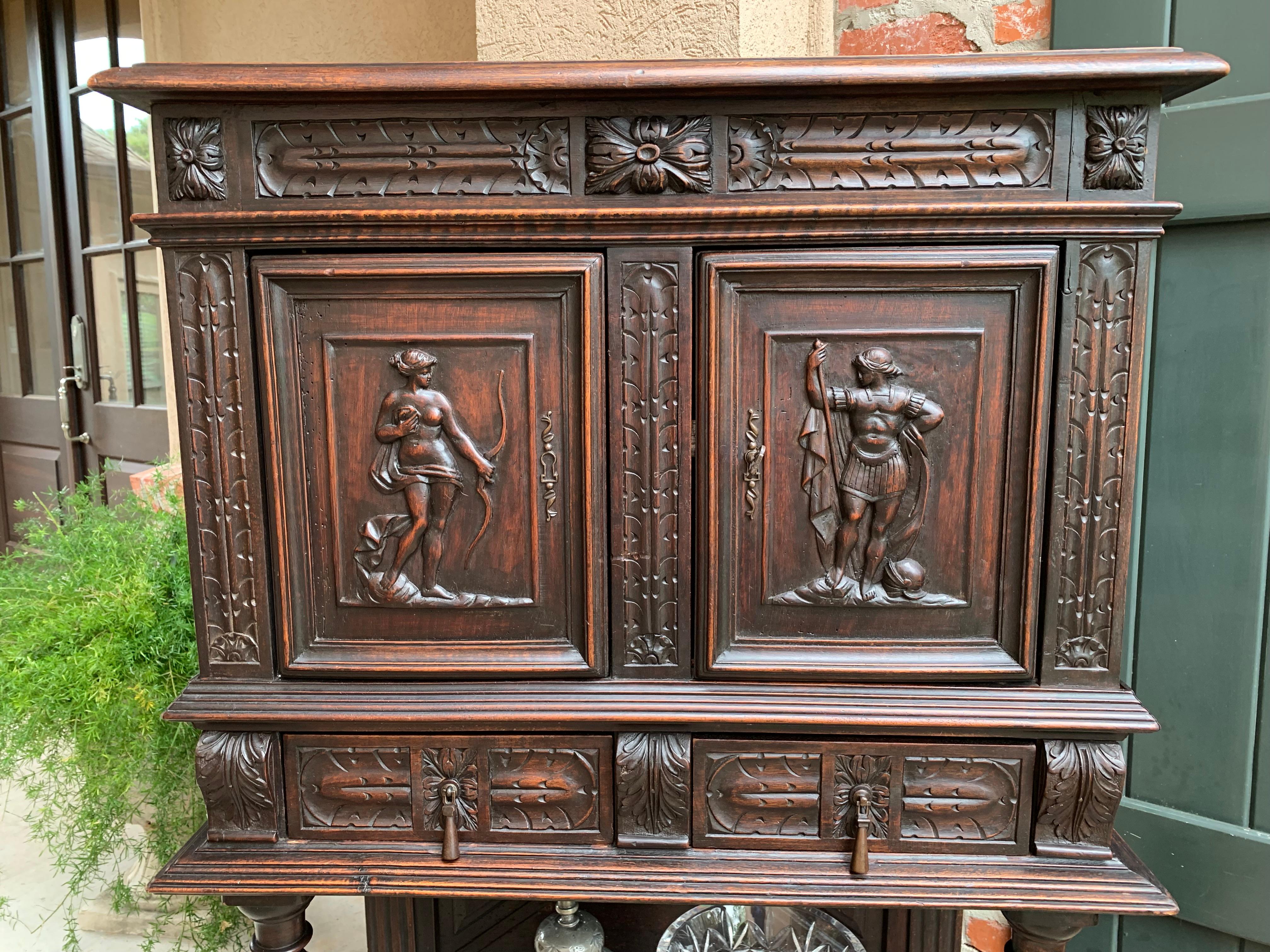 Antique French Carved Oak Cabinet Vestment Bookcase Renaissance Archer Warrior 12