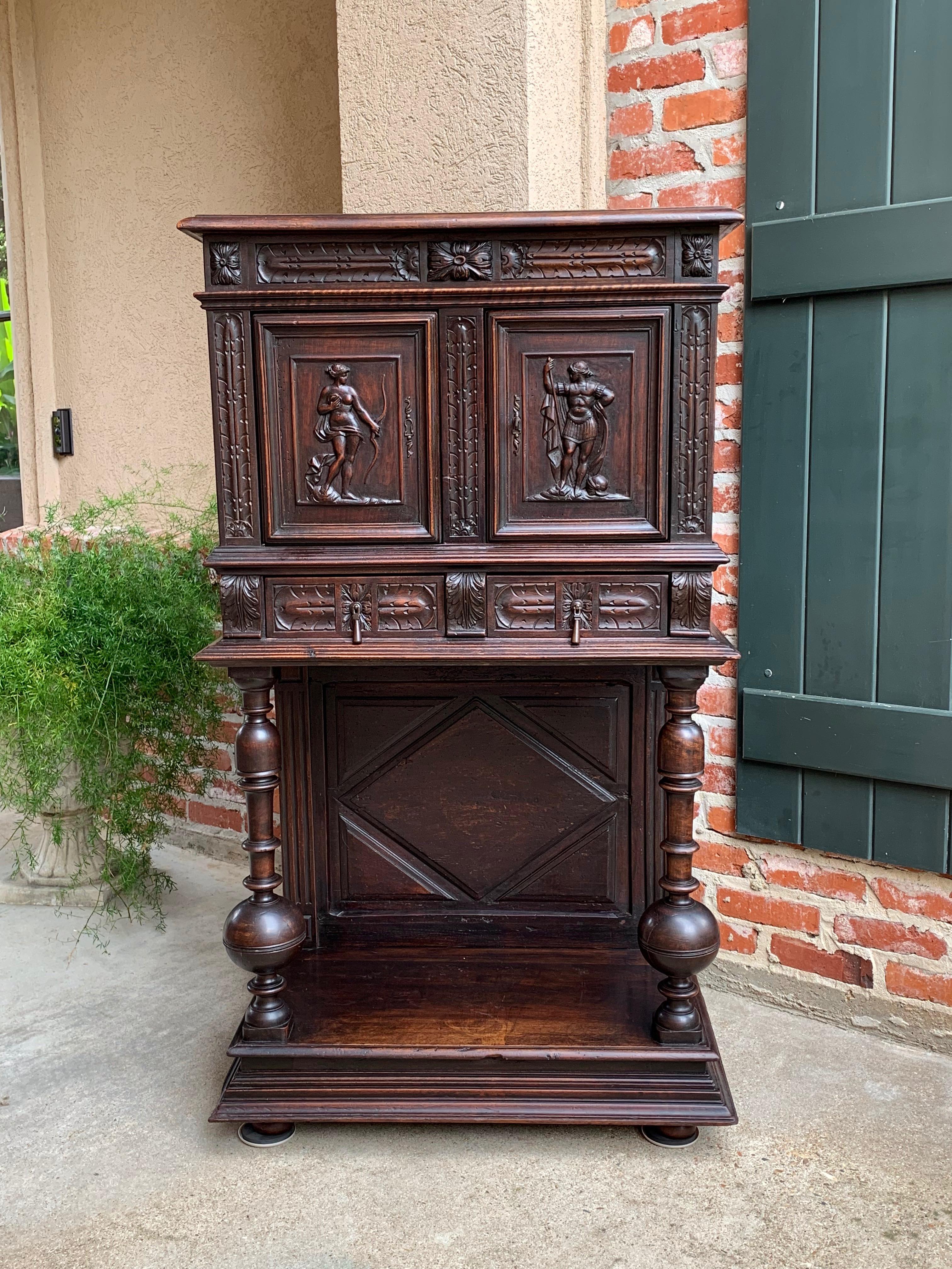 Renaissance Revival Antique French Carved Oak Cabinet Vestment Bookcase Renaissance Archer Warrior