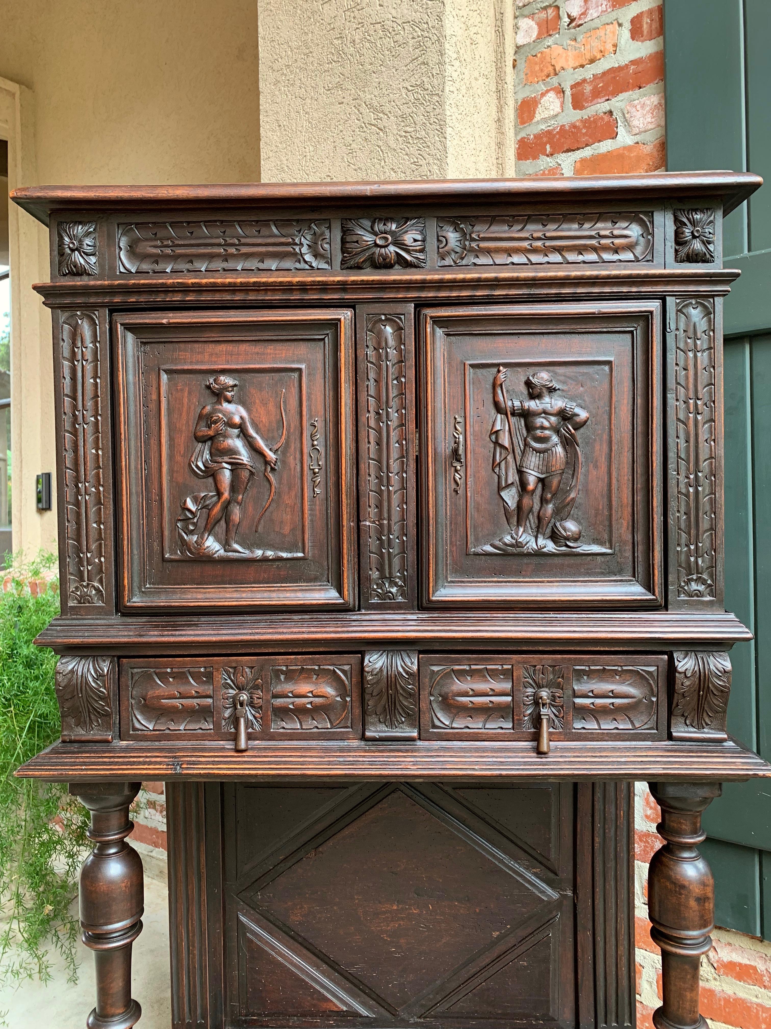 Antique French Carved Oak Cabinet Vestment Bookcase Renaissance Archer Warrior 1
