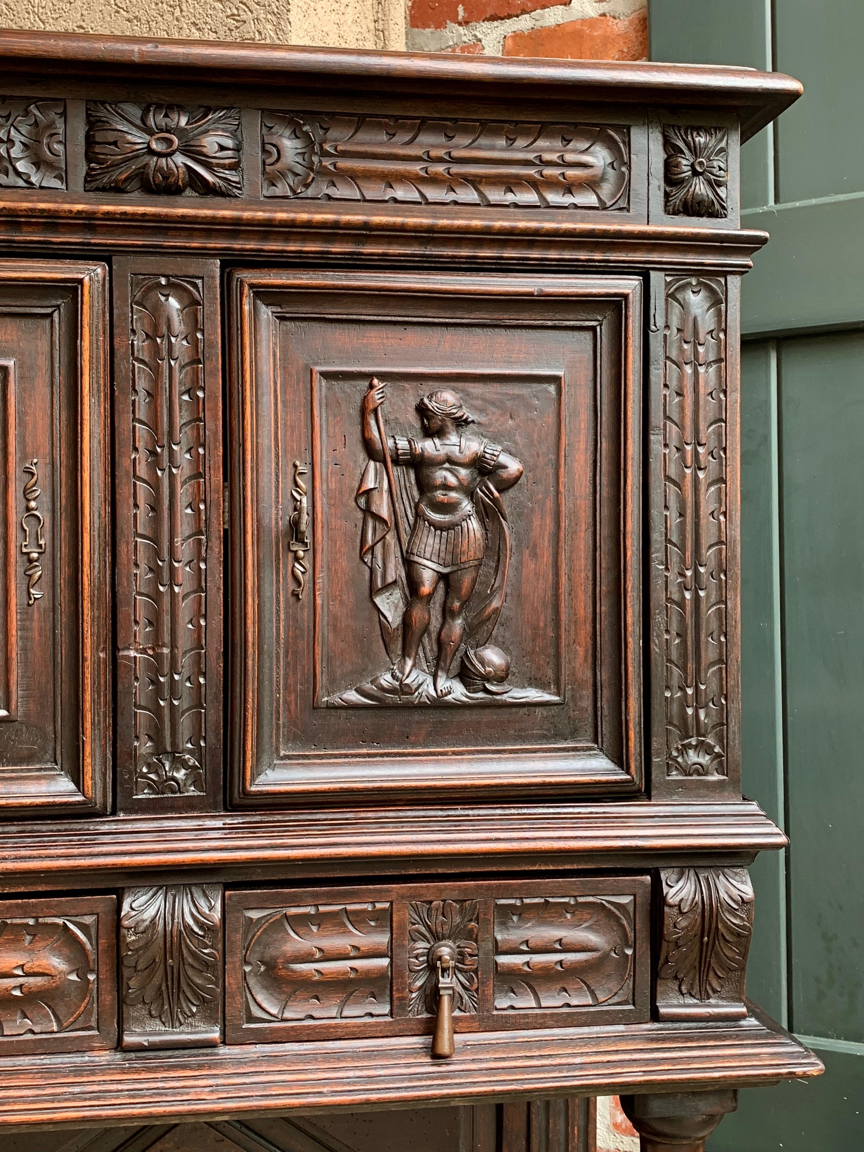 Antique French Carved Oak Cabinet Vestment Bookcase Renaissance Archer Warrior 2
