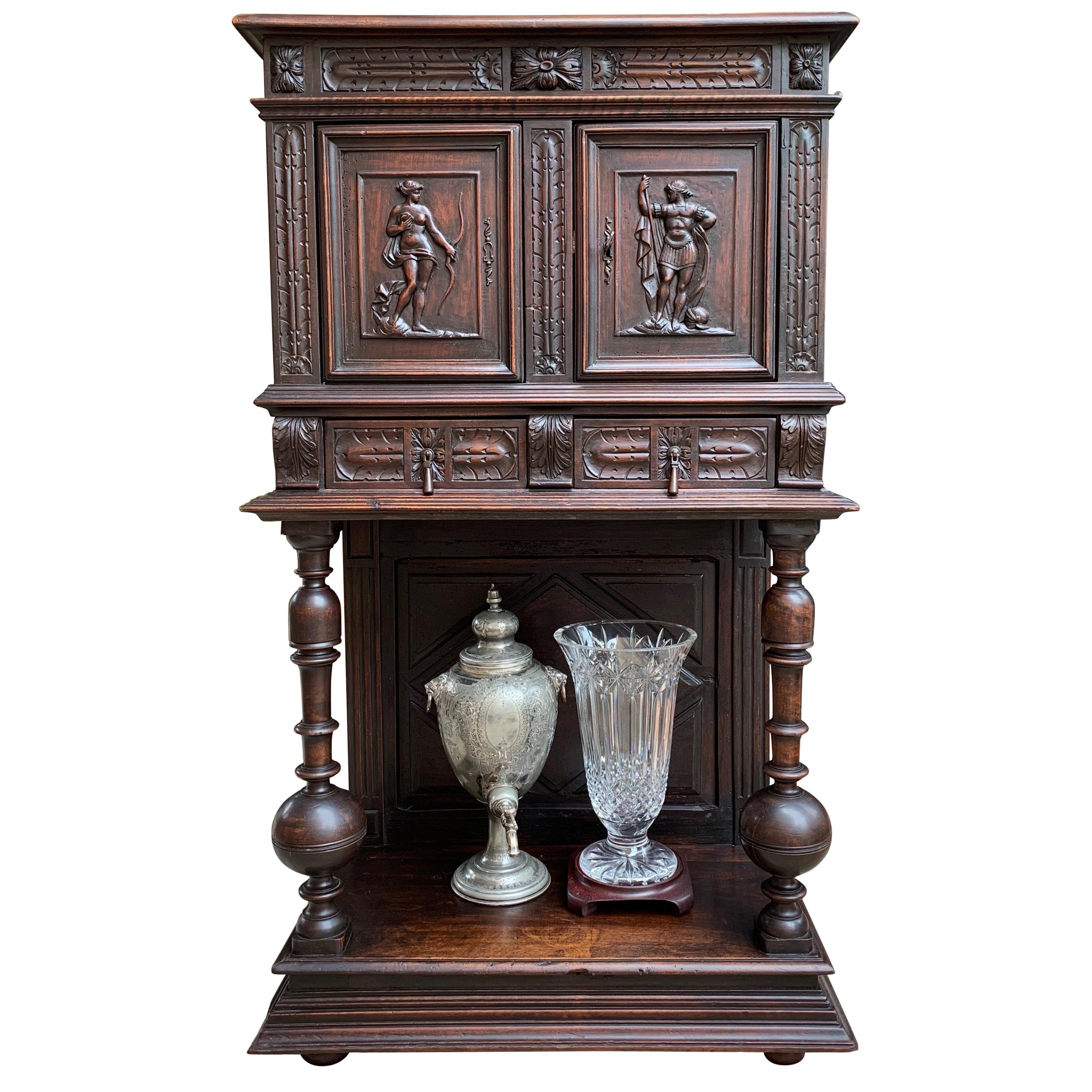 Antique French Carved Oak Cabinet Vestment Bookcase Renaissance Archer Warrior