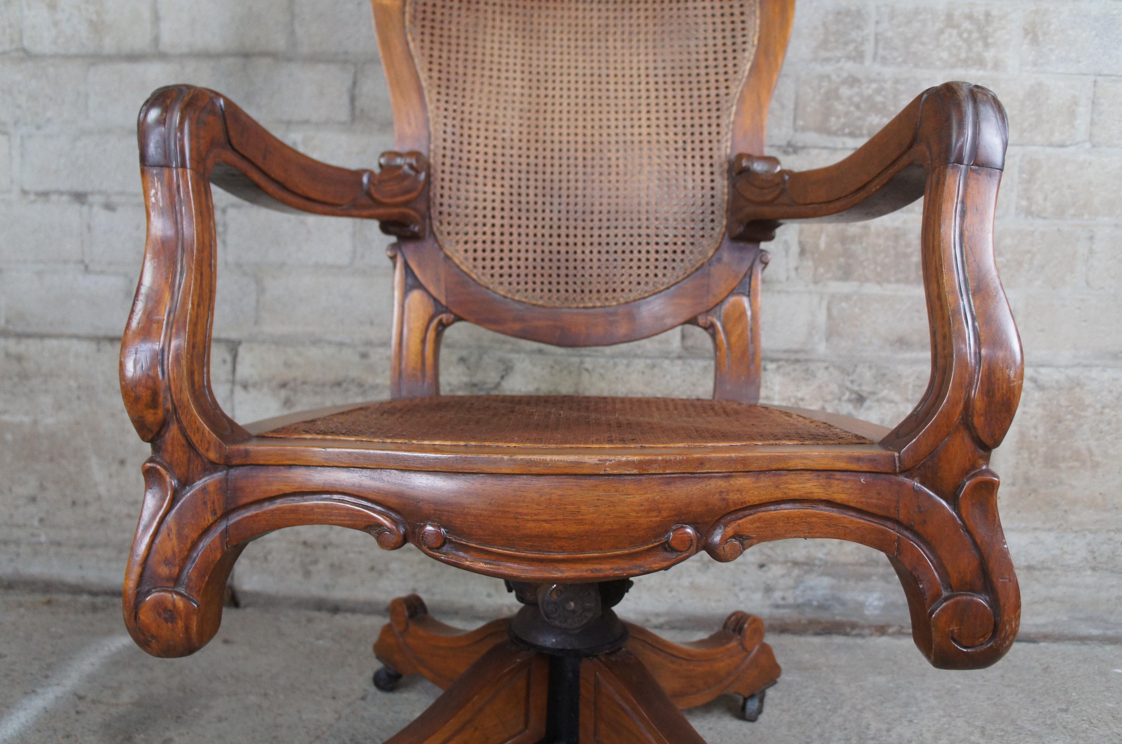 Antique French Carved Oak Caned Office Executive Desk Swivel Arm Chair Victorian 8