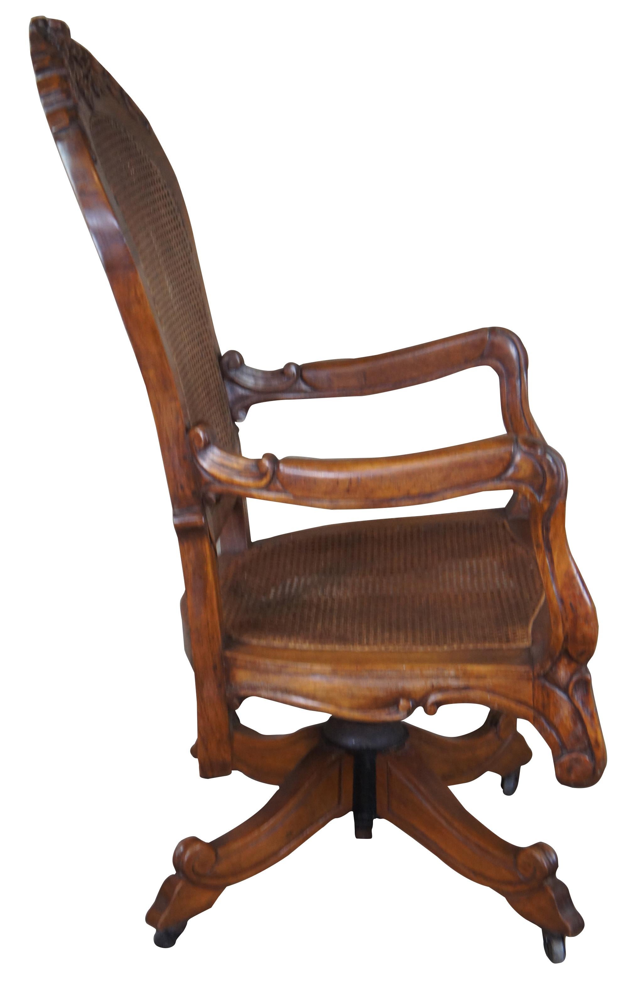 Antique French Carved Oak Caned Office Executive Desk Swivel Arm Chair Victorian In Good Condition In Dayton, OH