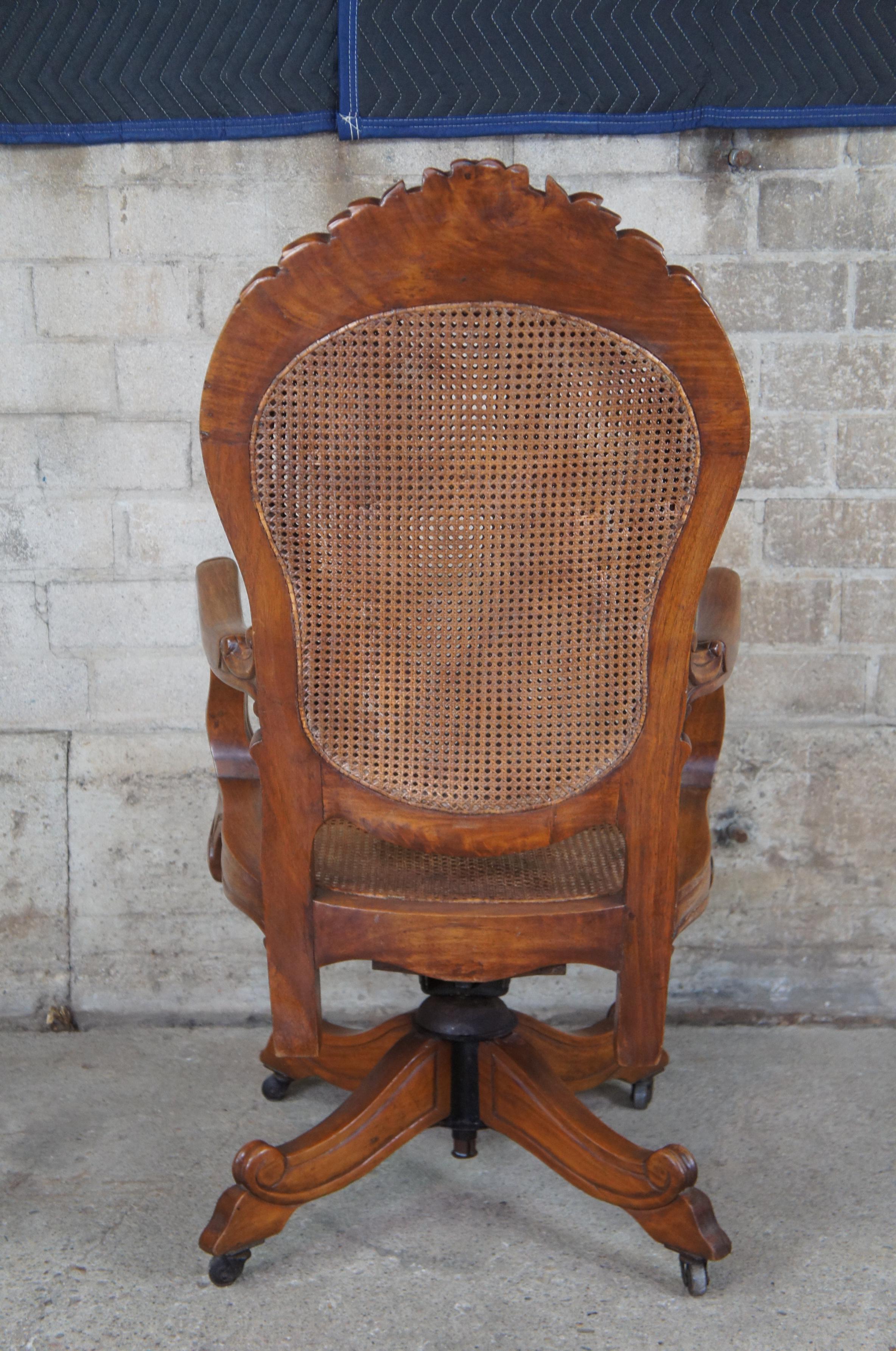Late 19th Century Antique French Carved Oak Caned Office Executive Desk Swivel Arm Chair Victorian