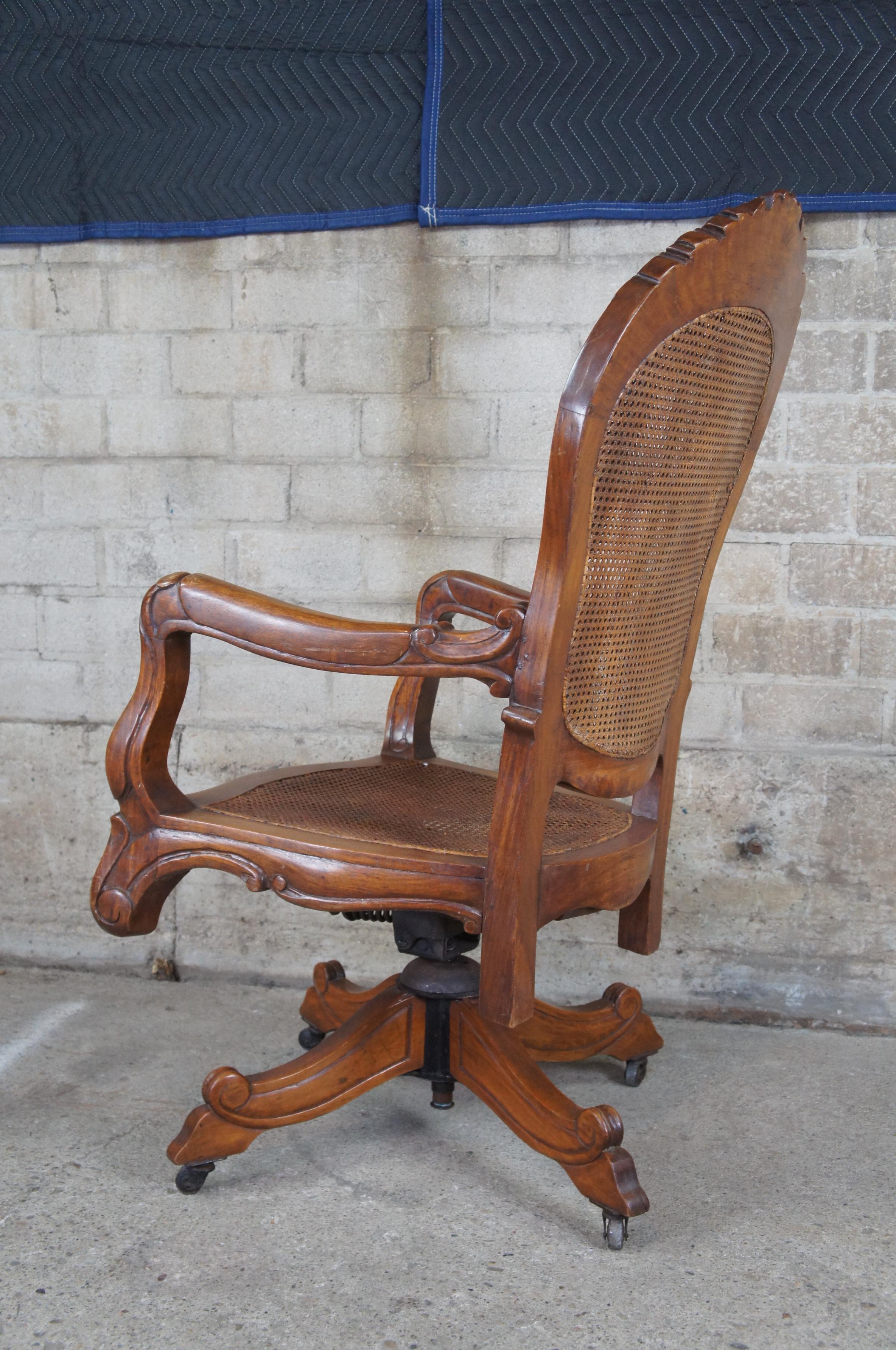 Antique French Carved Oak Caned Office Executive Desk Swivel Arm Chair Victorian 1