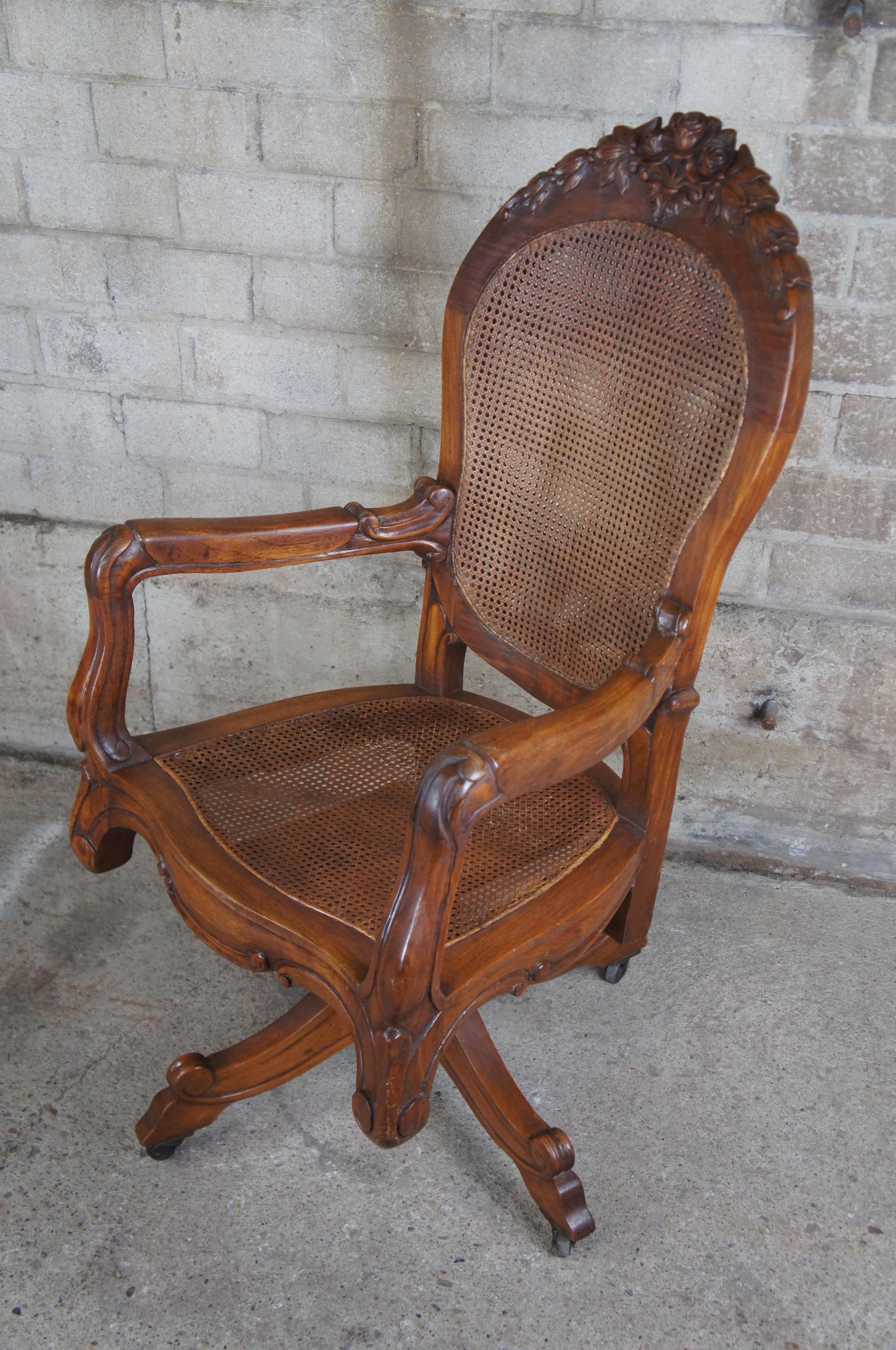 Antique French Carved Oak Caned Office Executive Desk Swivel Arm Chair Victorian 4