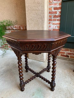 Antique French Carved Oak Center Octagon Table Barley Twist Library Sofa