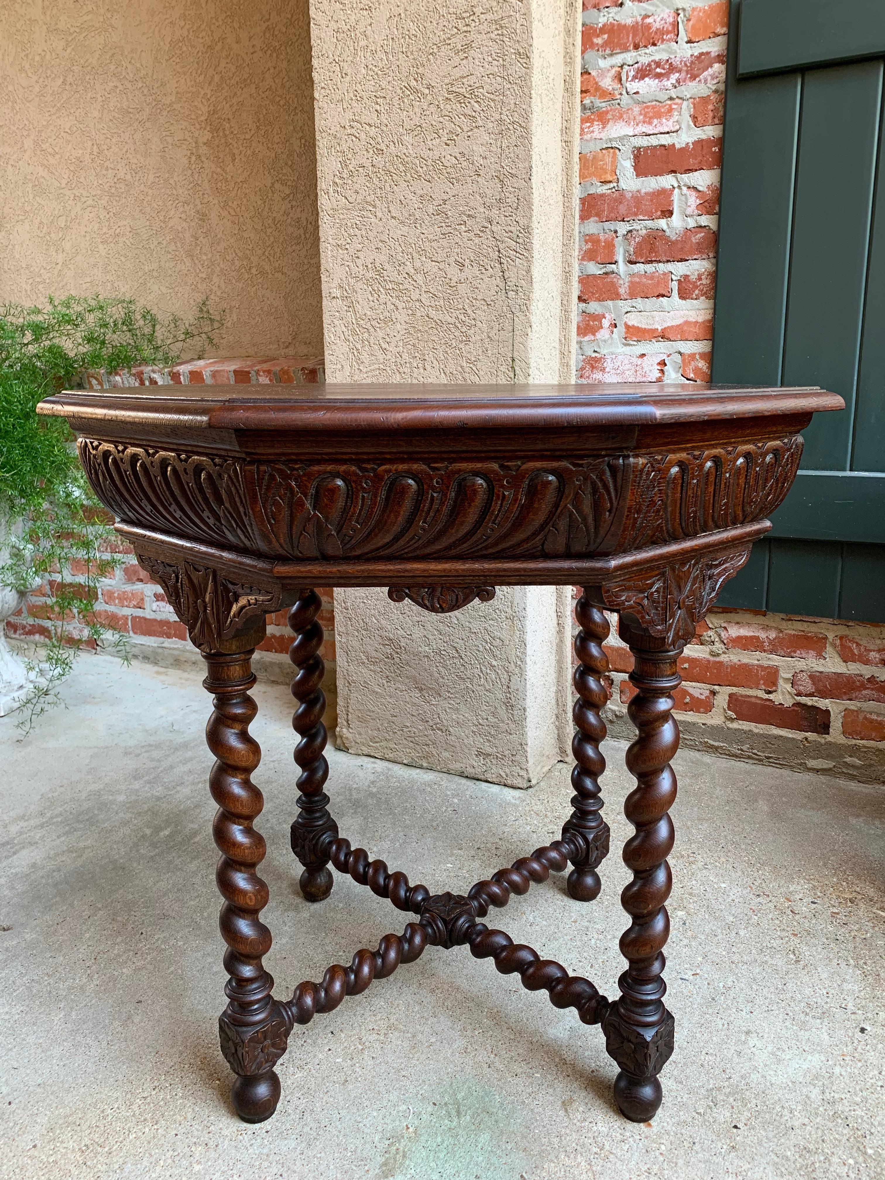 Renaissance Revival Antique French Carved Oak Center Octagon Table Barley Twist Library Sofa