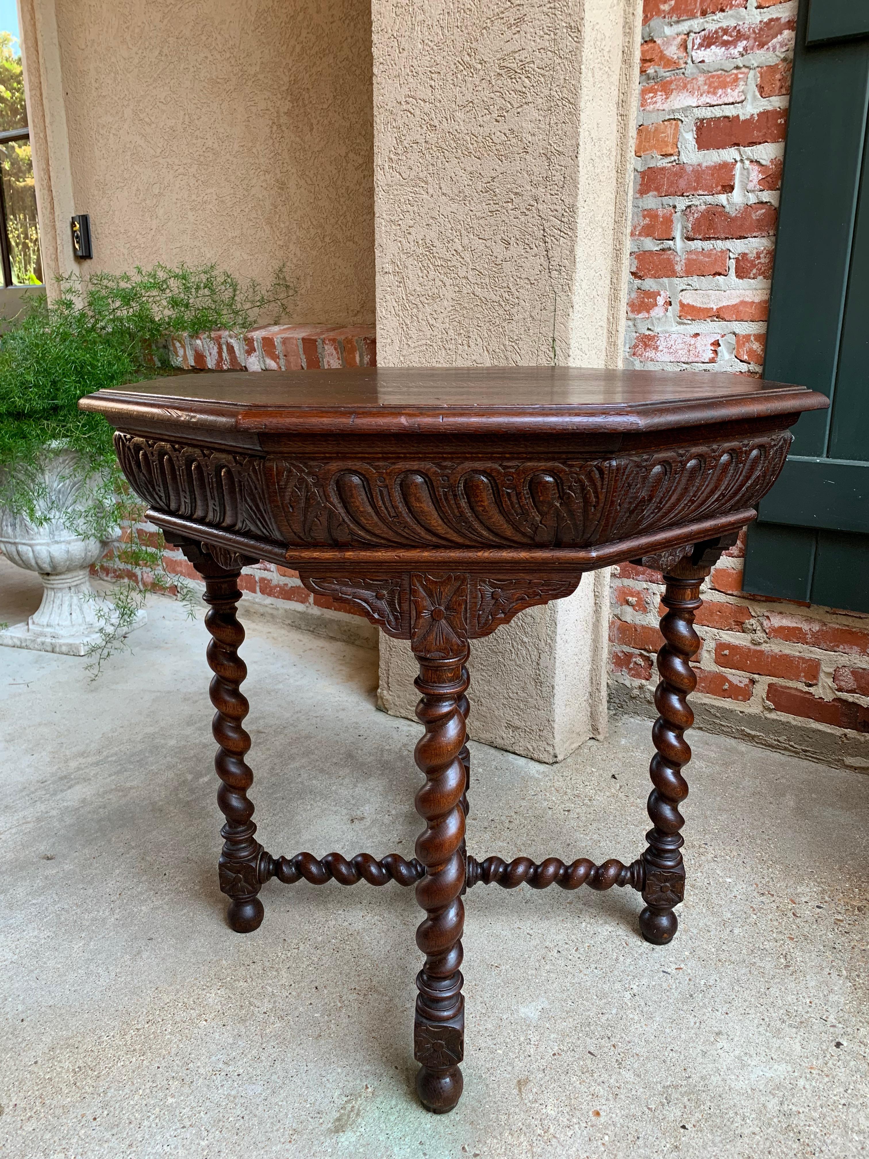 Hand-Carved Antique French Carved Oak Center Octagon Table Barley Twist Library Sofa