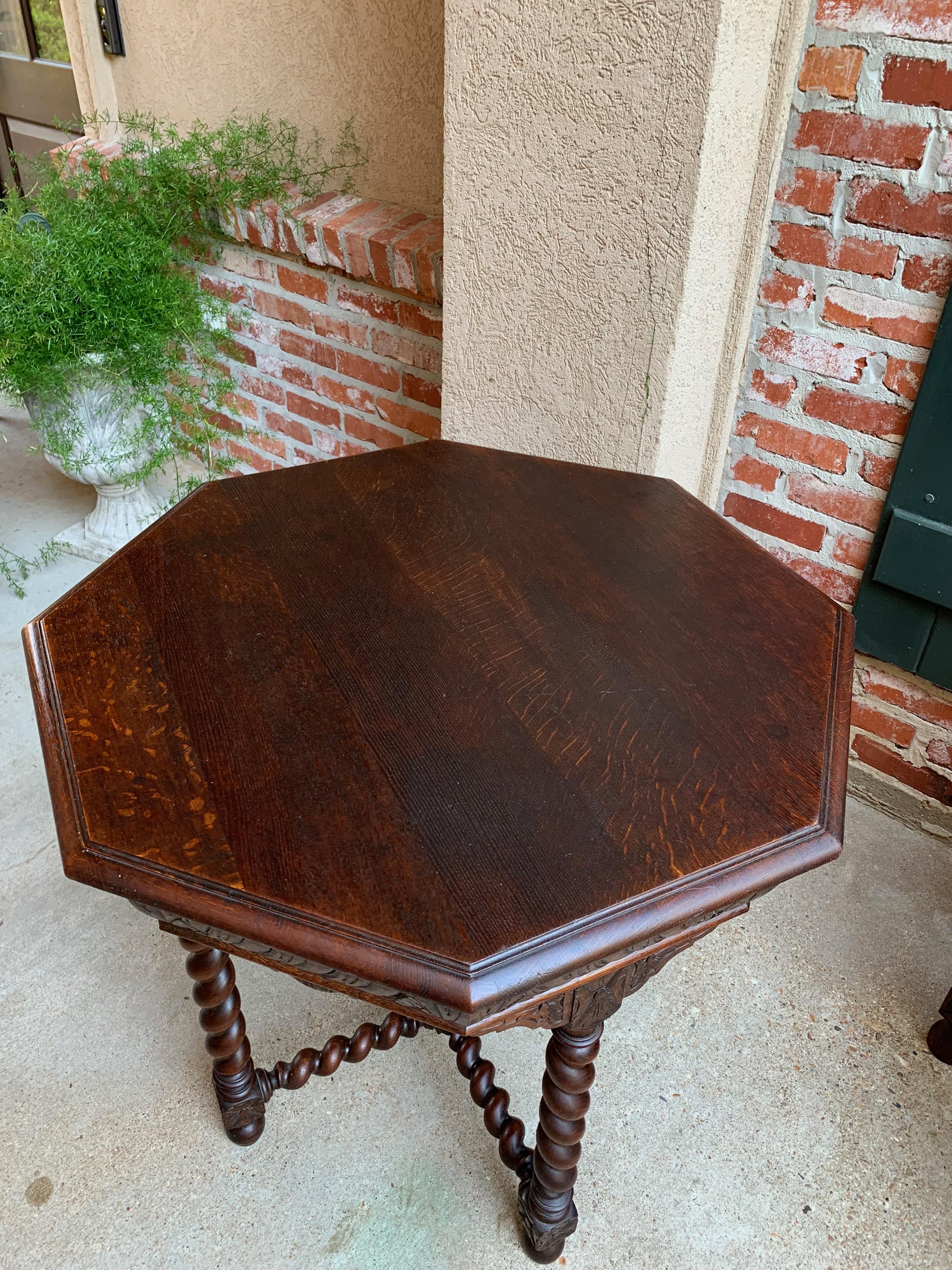 Antique French Carved Oak Center Octagon Table Barley Twist Library Sofa 1