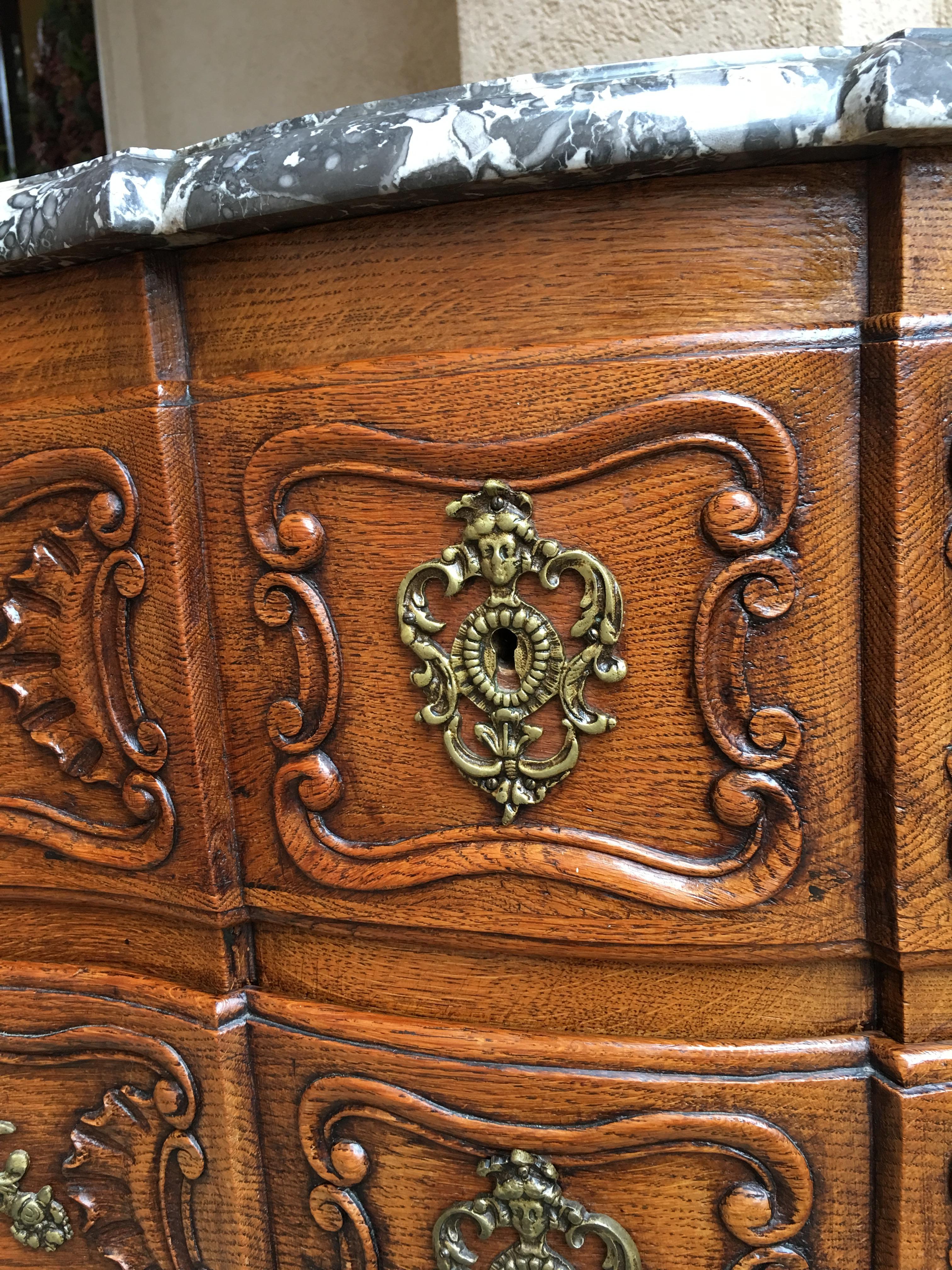 Hand-Carved Antique French Carved Oak Chest of Drawers Commode Marble Top Table Louis XV