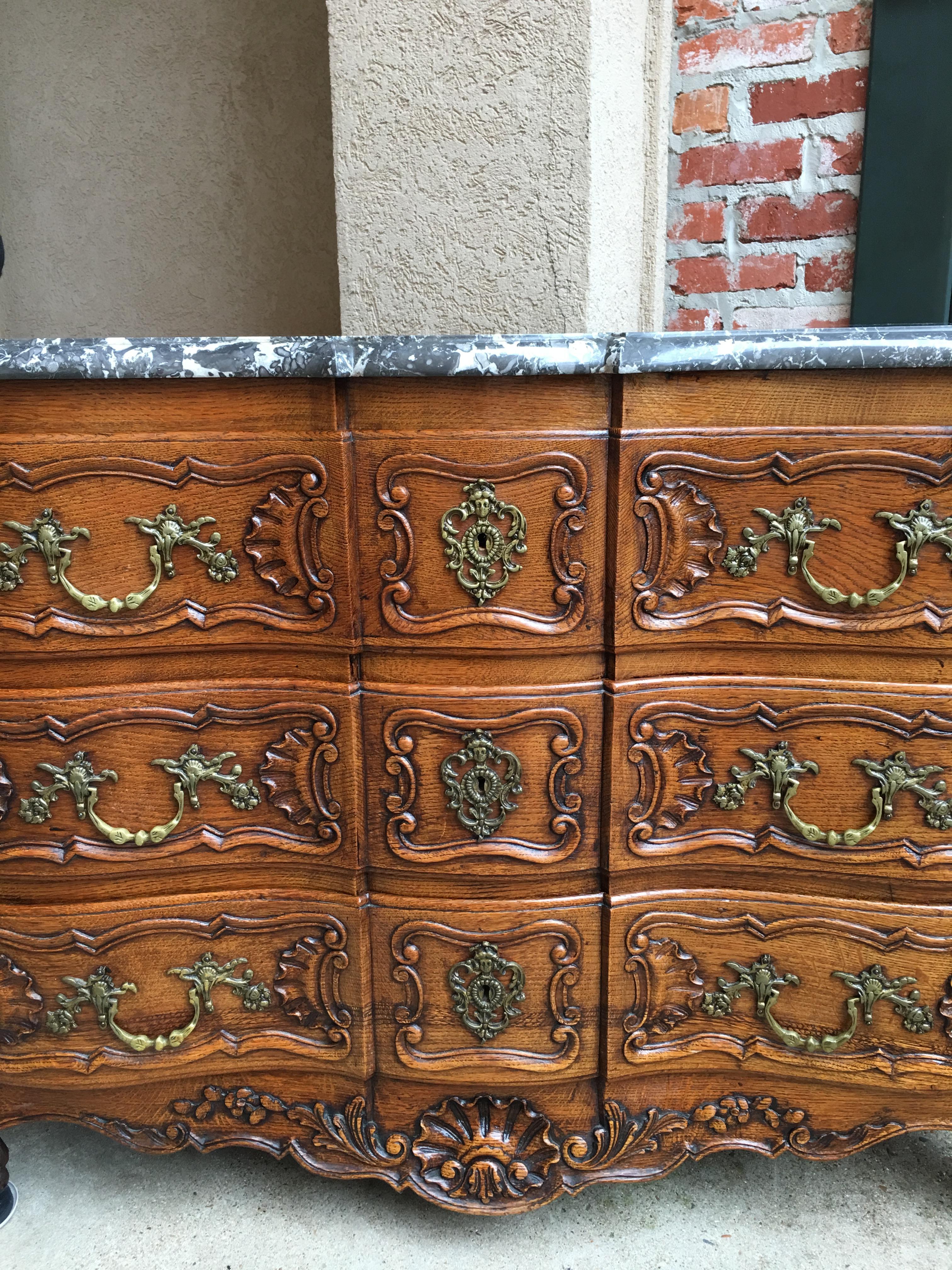 Late 19th Century Antique French Carved Oak Chest of Drawers Commode Marble Top Table Louis XV