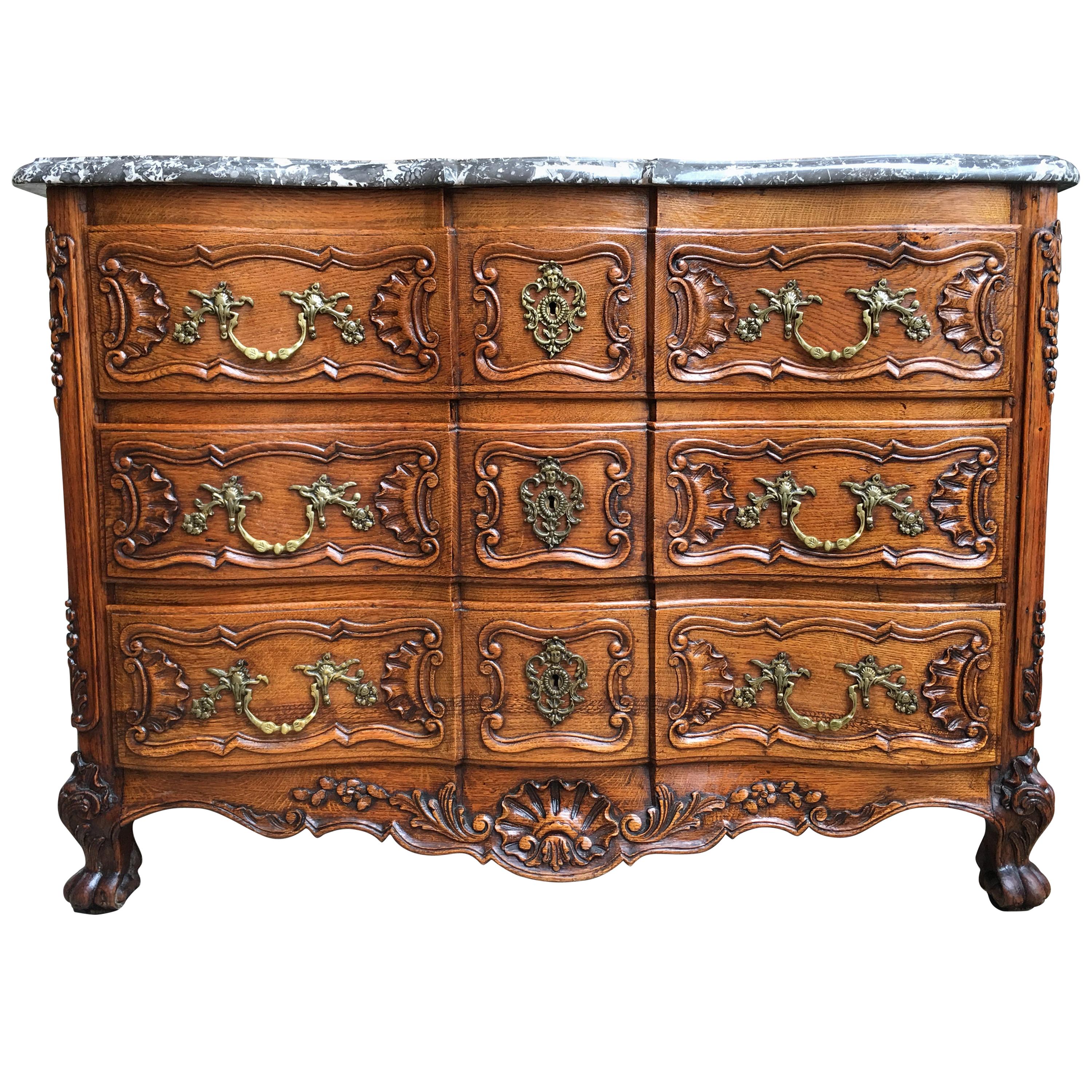 Antique French Carved Oak Chest of Drawers Commode Marble Top Table Louis XV