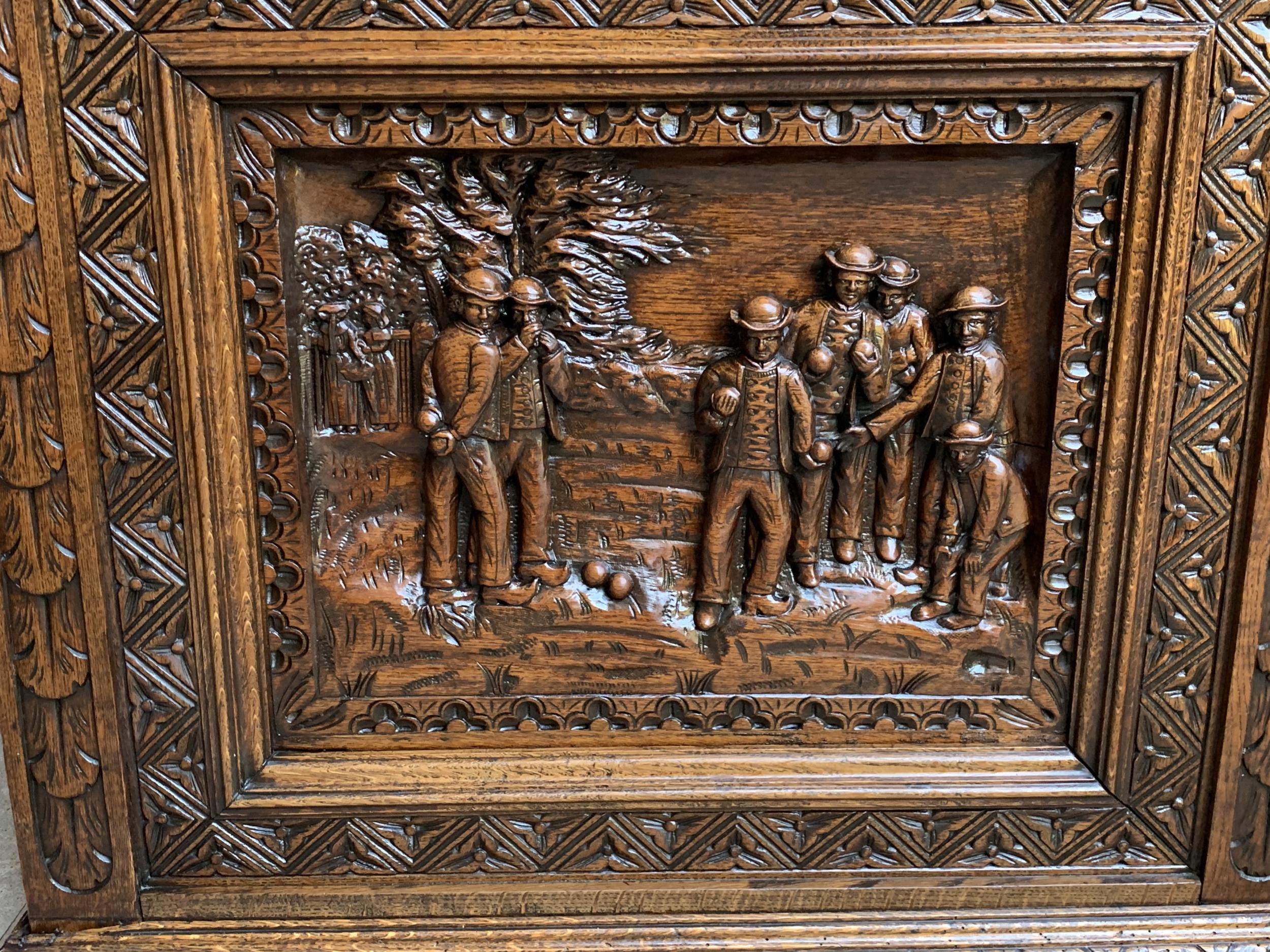 Antique French Carved Oak Chest Trunk Cabinet Breton Brittany Bocce Ball 19th C 11
