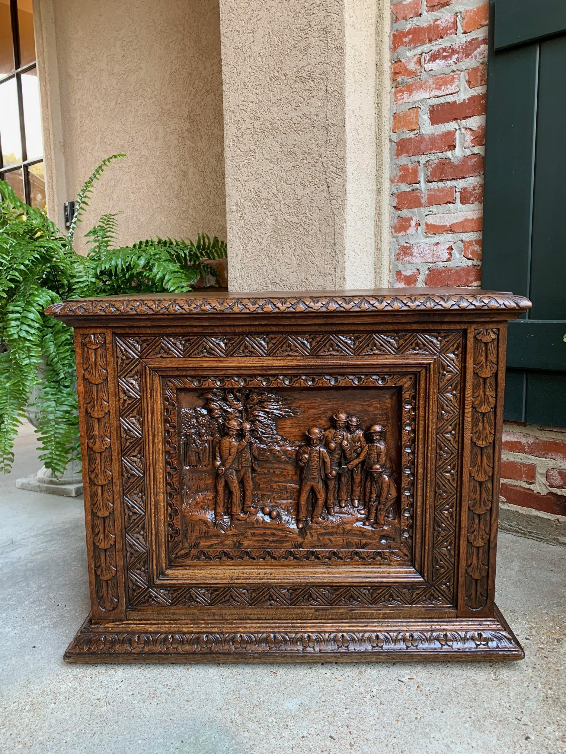 French Provincial Antique French Carved Oak Chest Trunk Cabinet Breton Brittany Bocce Ball 19th C