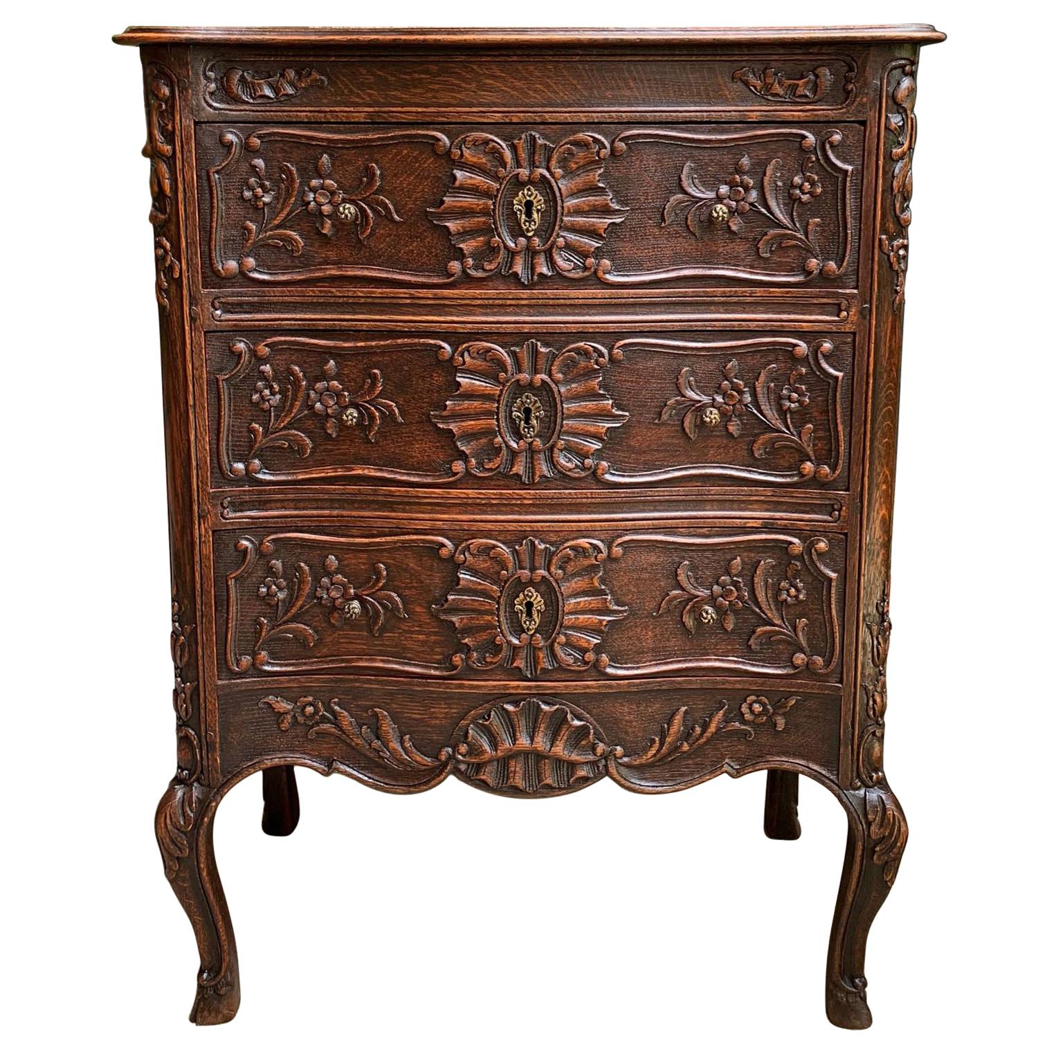 Antique French Carved Oak Commode Chest of Drawers Table Louis XV Nightstand