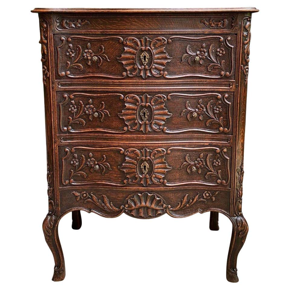 Antique French Carved Oak Commode Chest of Drawers Table Louis XV ...