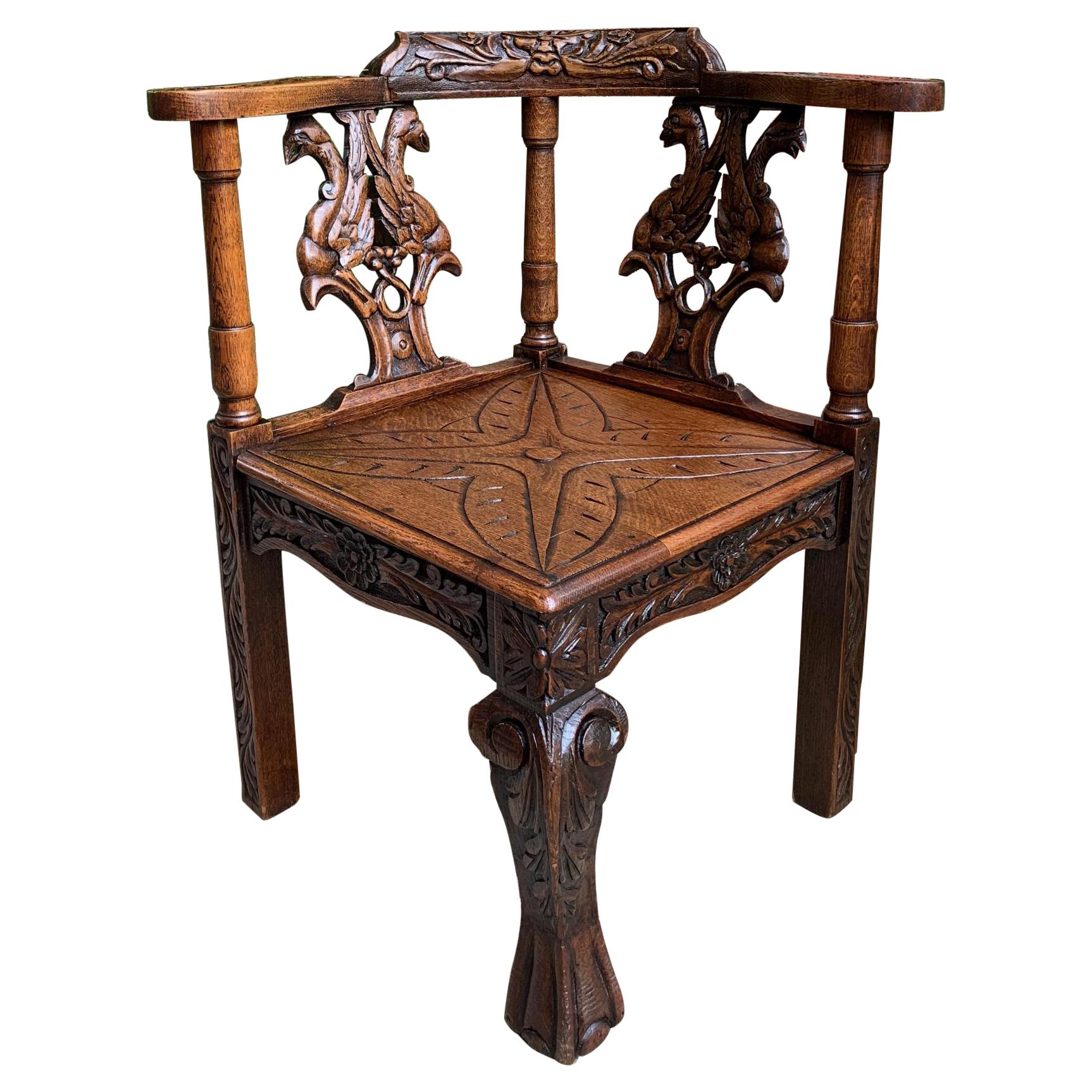 Antique French Carved Oak Corner Arm Chair Renaissance Louis XIV style For Sale