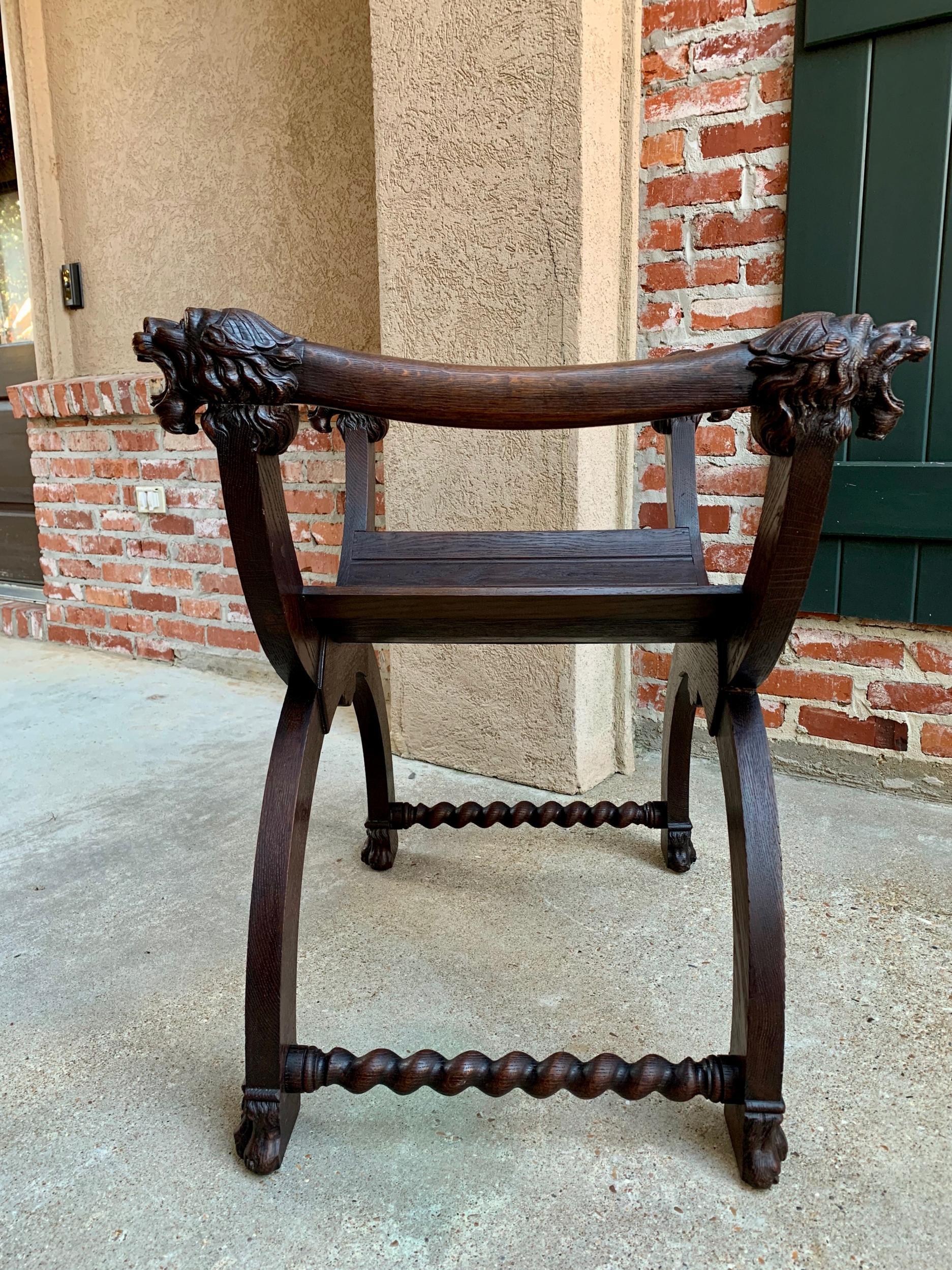 Antique French Carved Oak Curule Bench Chair Renaissance Dagobert Barley Twist 3
