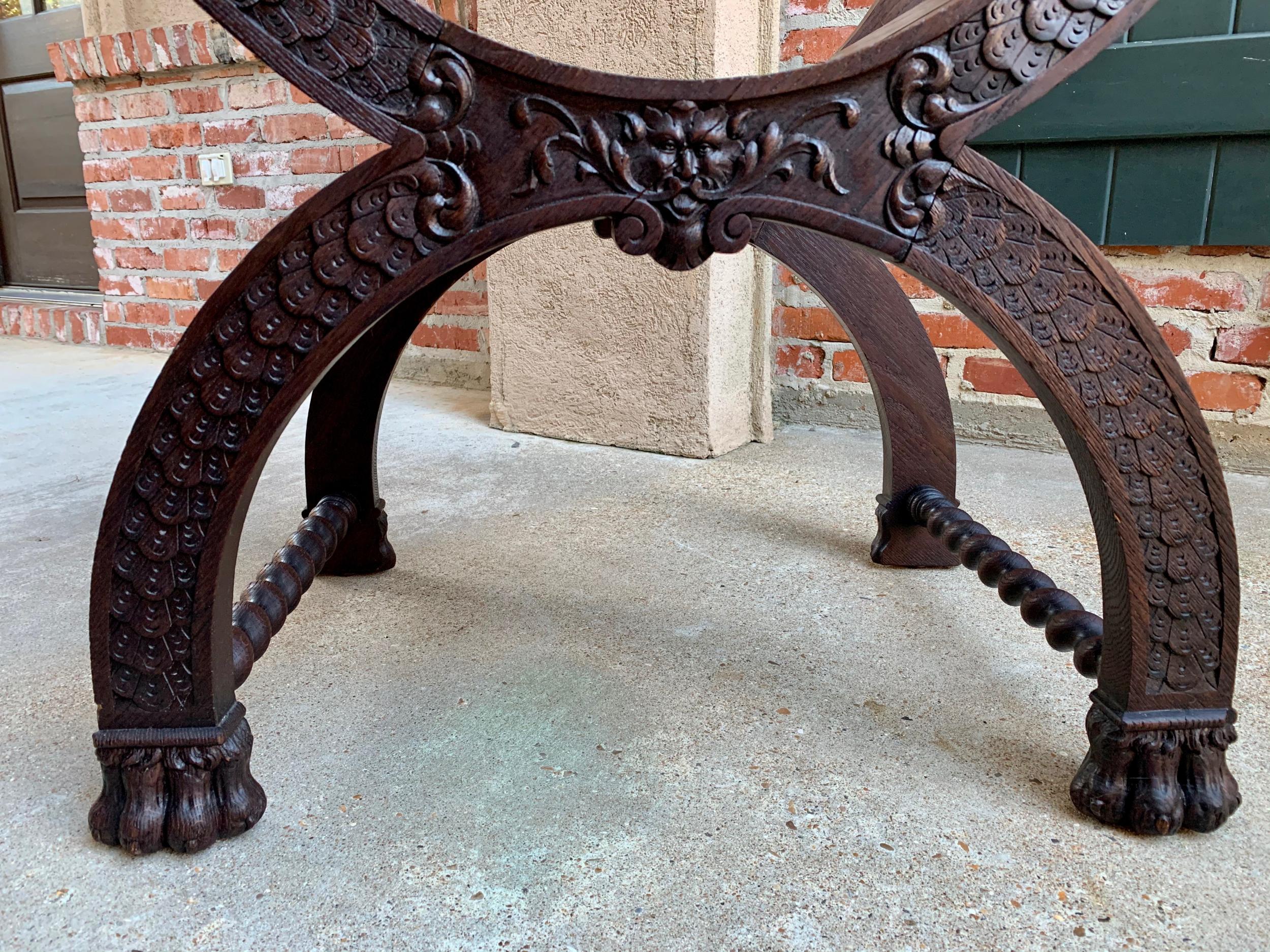 Antique French Carved Oak Curule Bench Chair Renaissance Dagobert Barley Twist 4