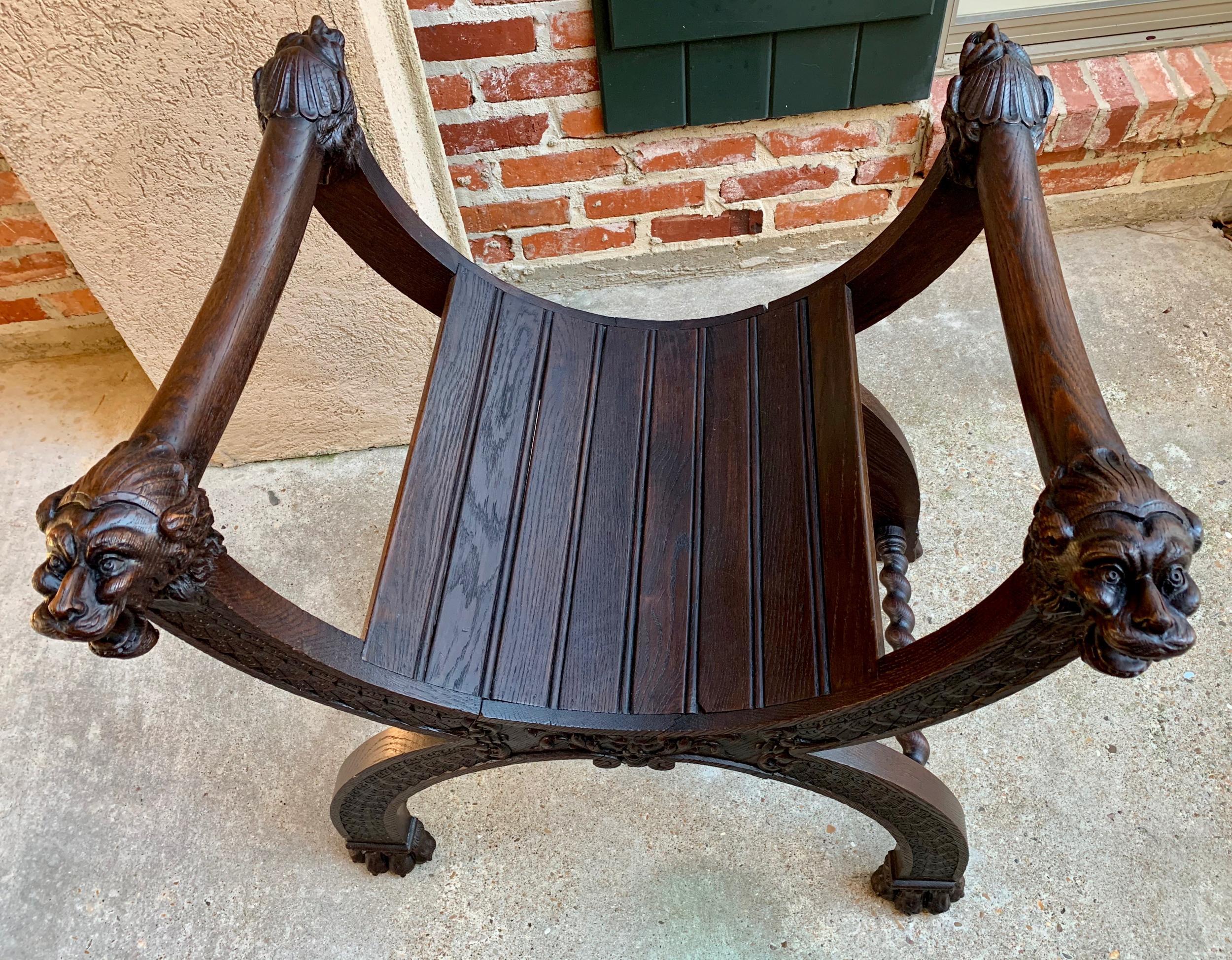 Antique French Carved Oak Curule Bench Chair Renaissance Dagobert Barley Twist 5