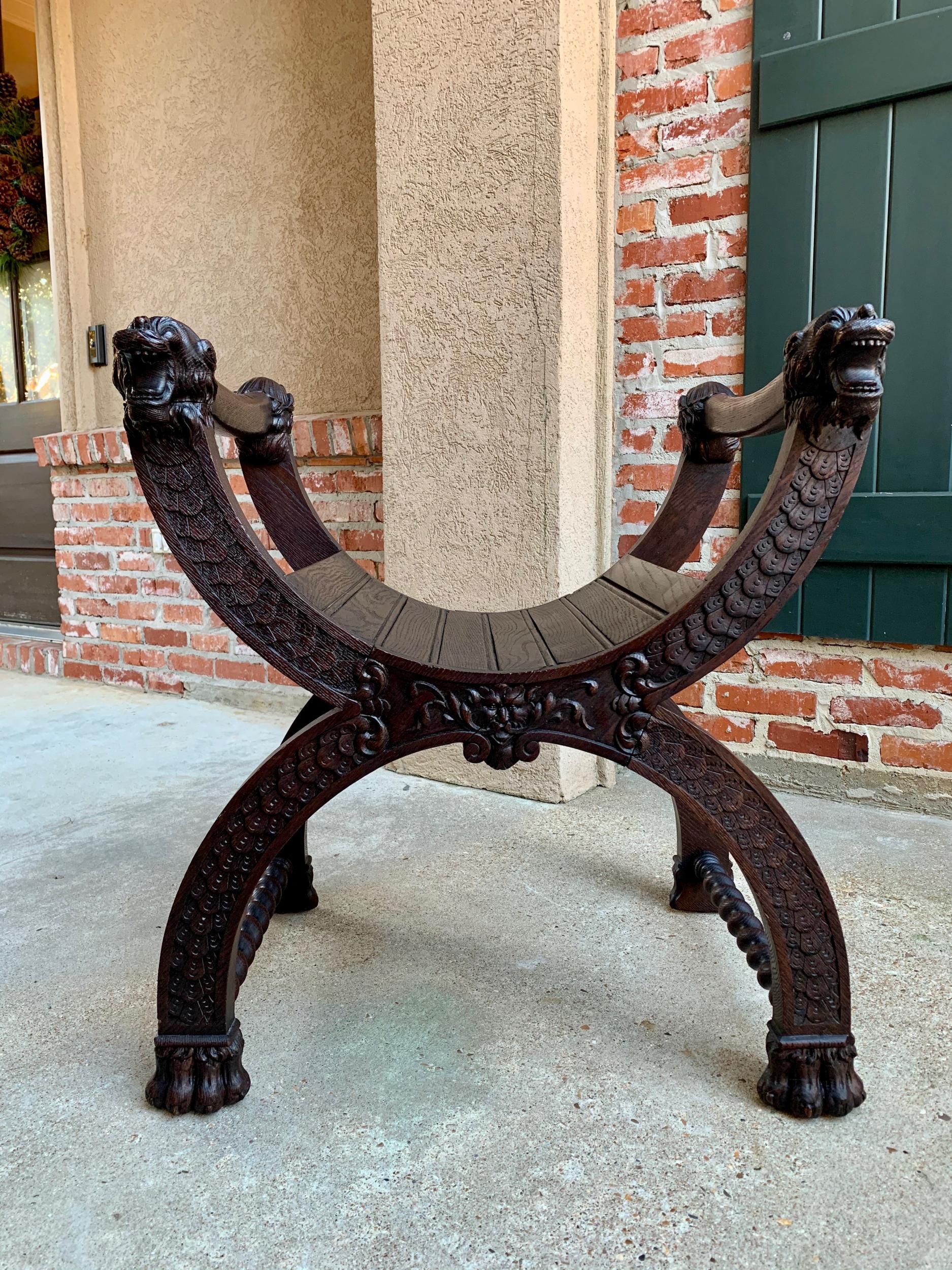 Antique French Carved Oak Curule Bench Chair Renaissance Dagobert Barley Twist 6