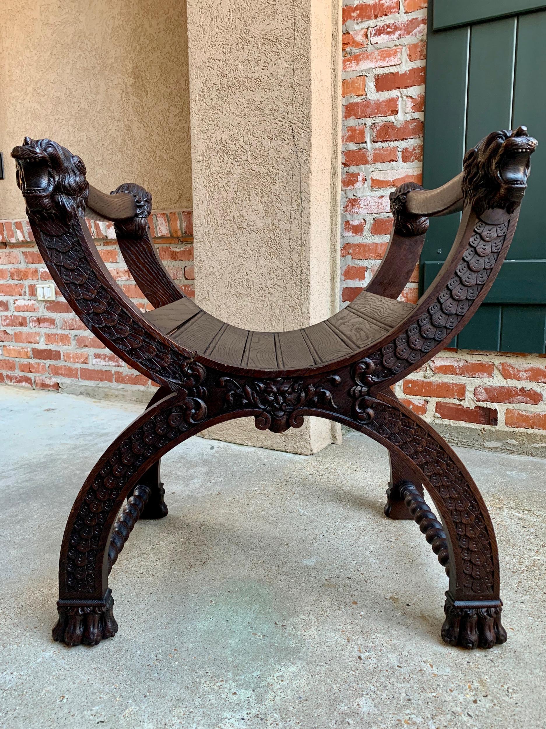 Antique French Carved Oak Curule Bench Chair Renaissance Dagobert Barley Twist 7