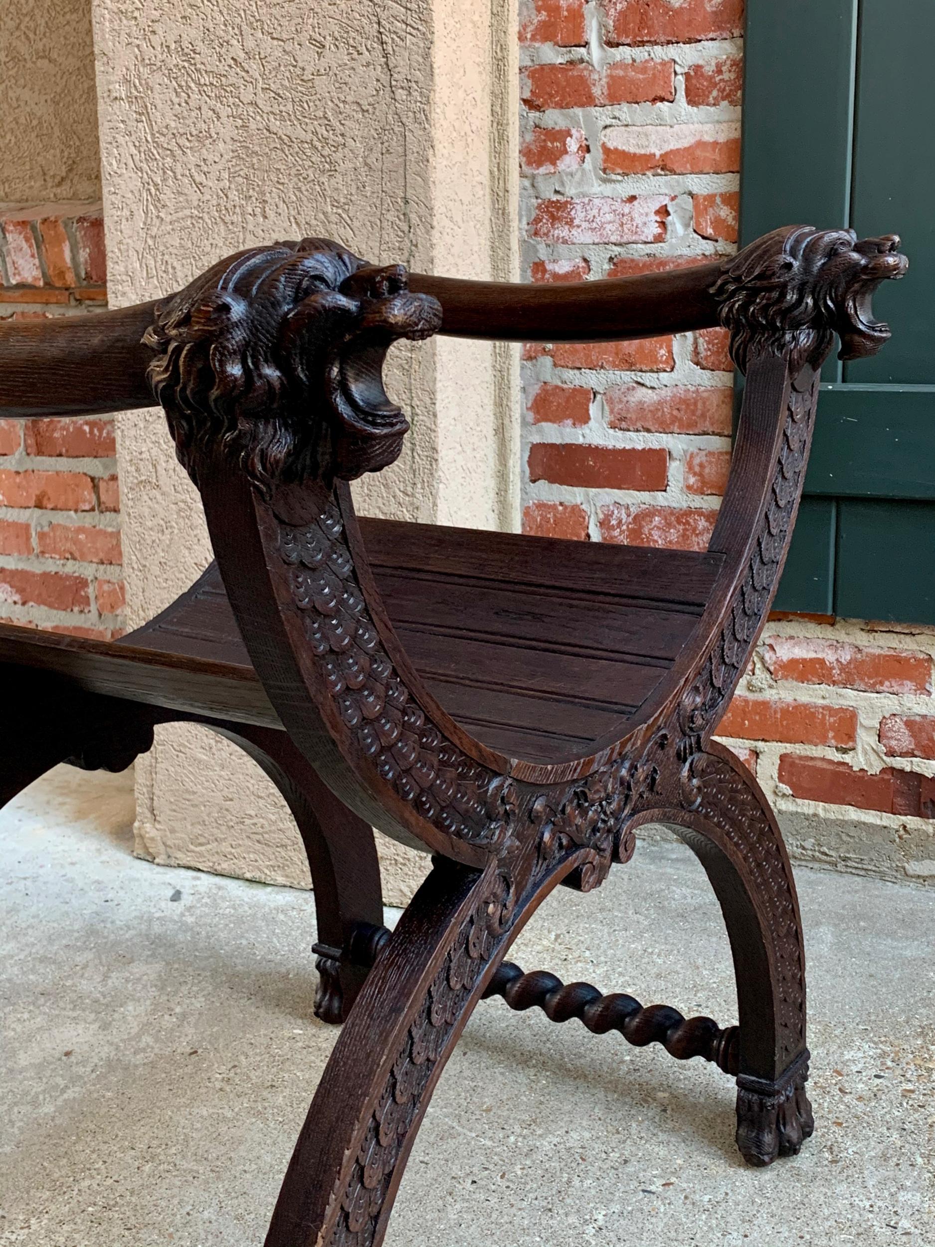 Antique French Carved Oak Curule Bench Chair Renaissance Dagobert Barley Twist 8
