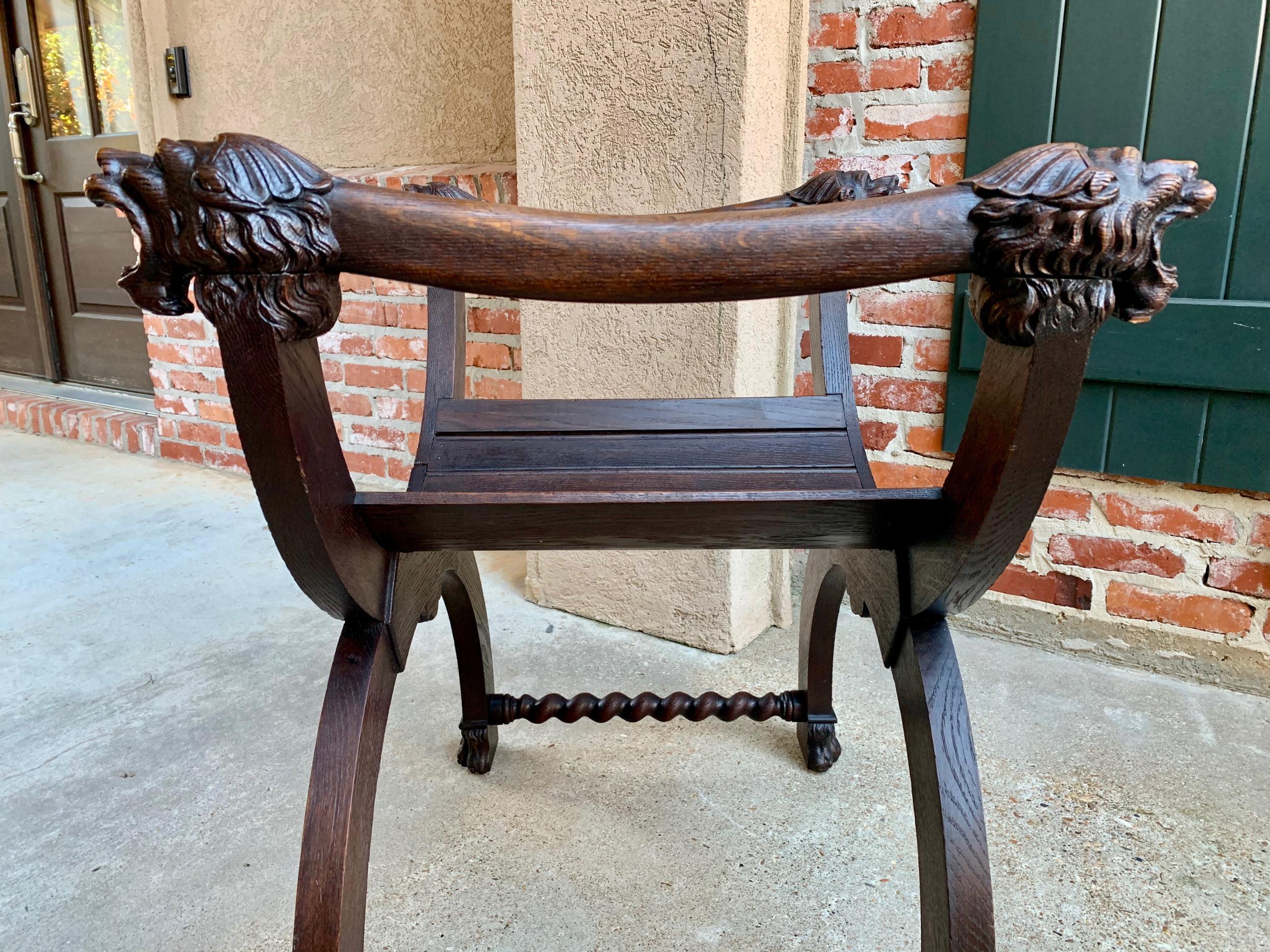 Antique French Carved Oak Curule Bench Chair Renaissance Dagobert Barley Twist 9