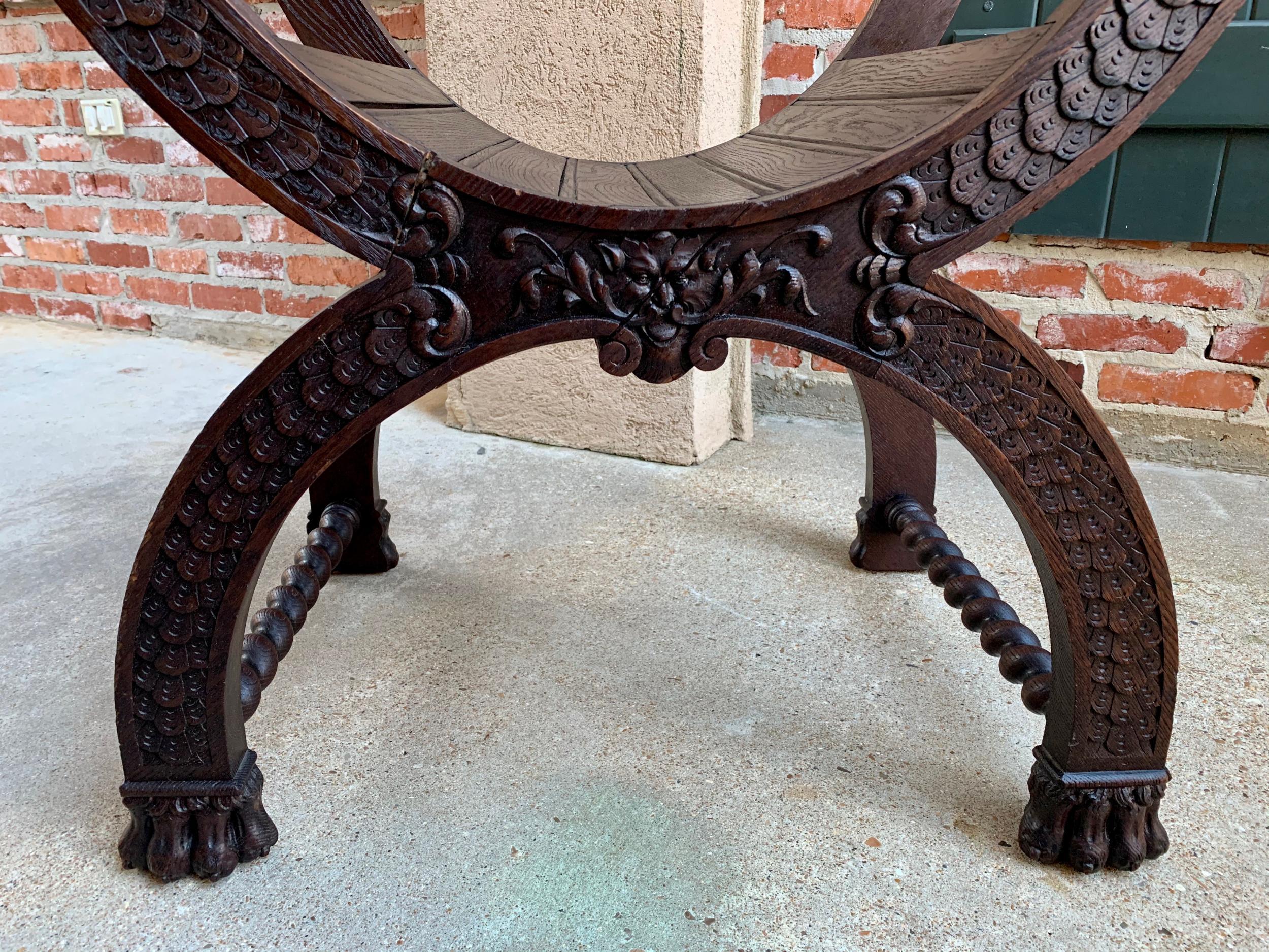 Antique French Carved Oak Curule Bench Chair Renaissance Dagobert Barley Twist 10