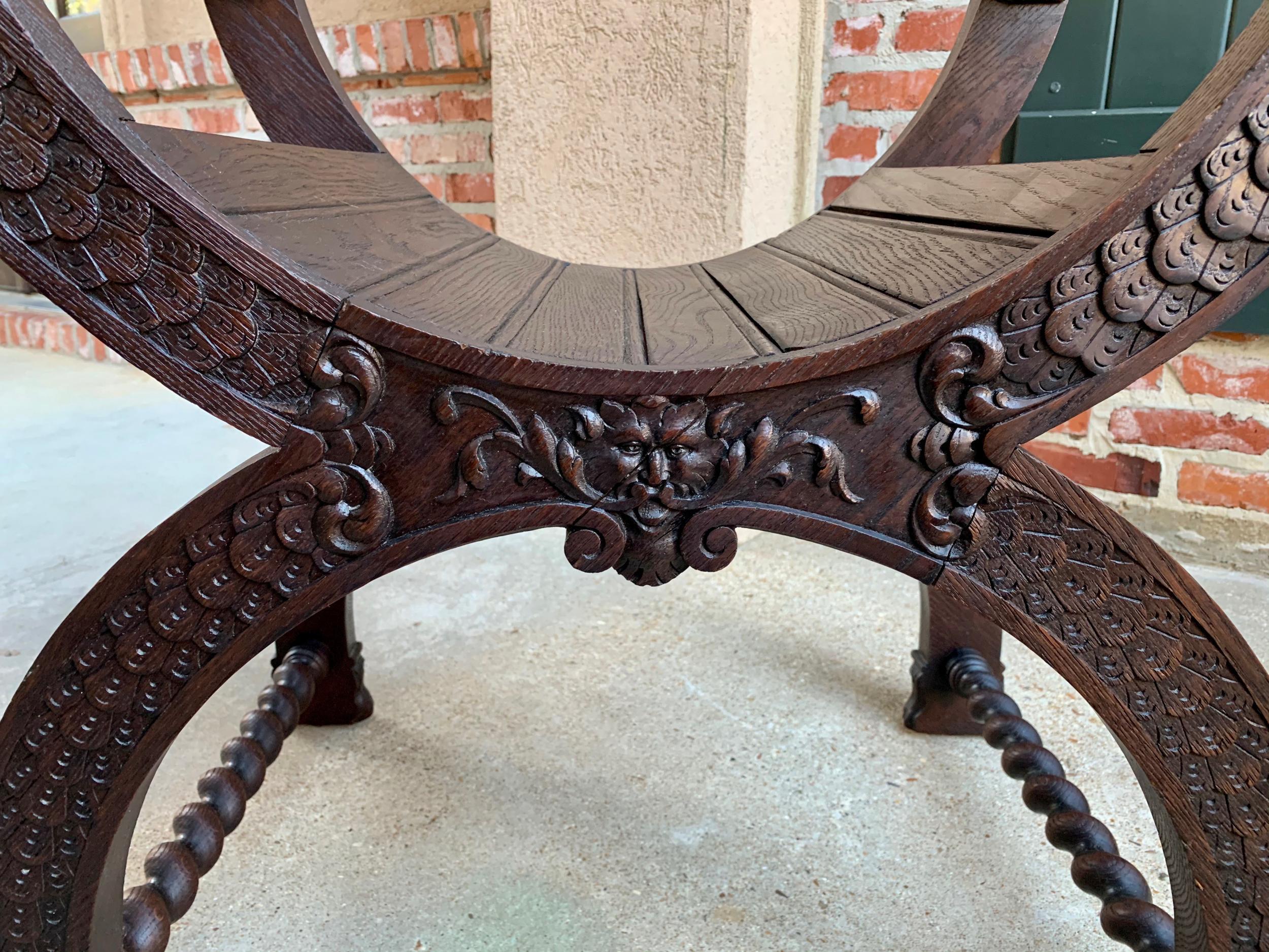 Antique French Carved Oak Curule Bench Chair Renaissance Dagobert Barley Twist 11