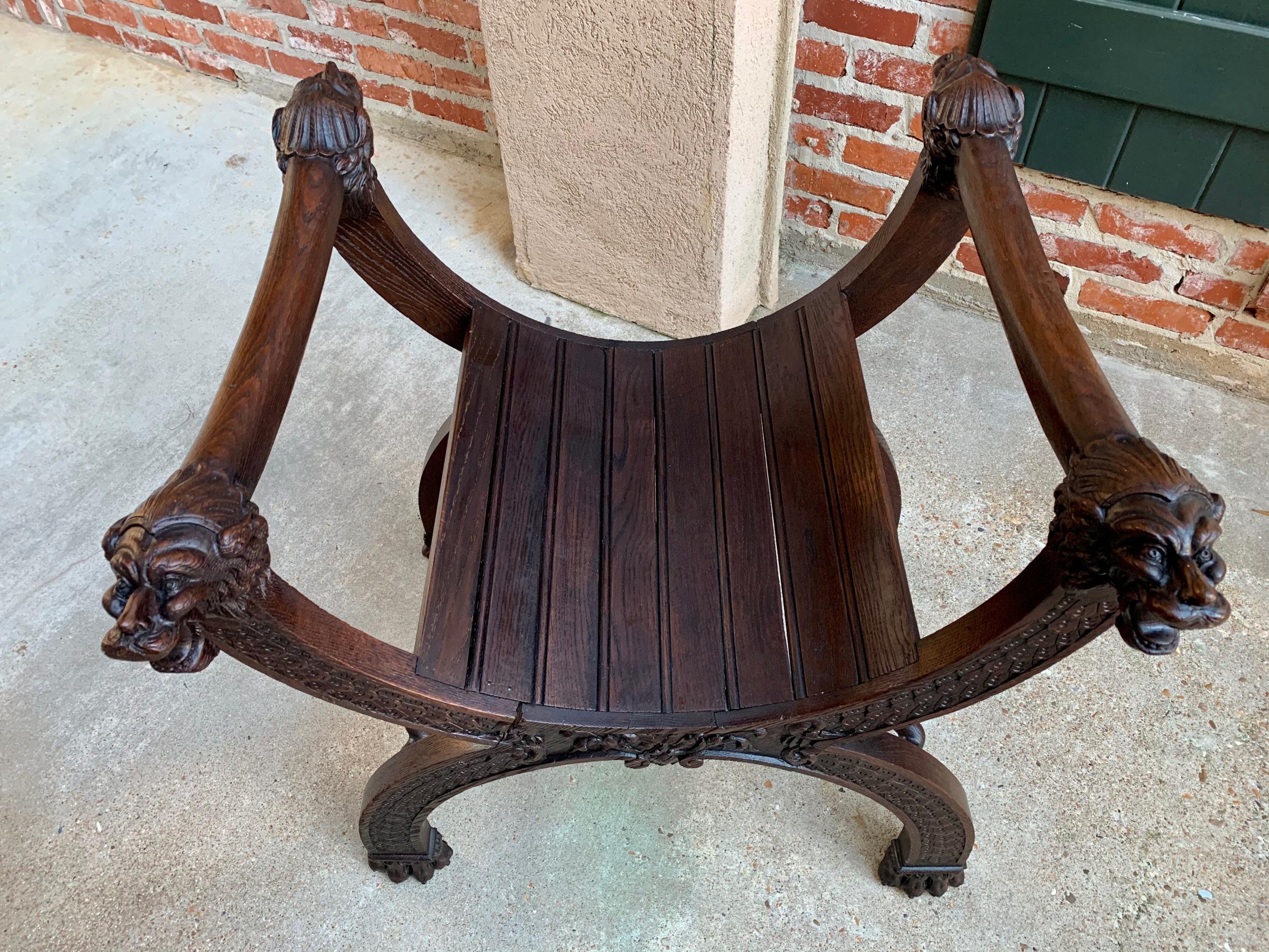 Antique French Carved Oak Curule Bench Chair Renaissance Dagobert Barley Twist 12