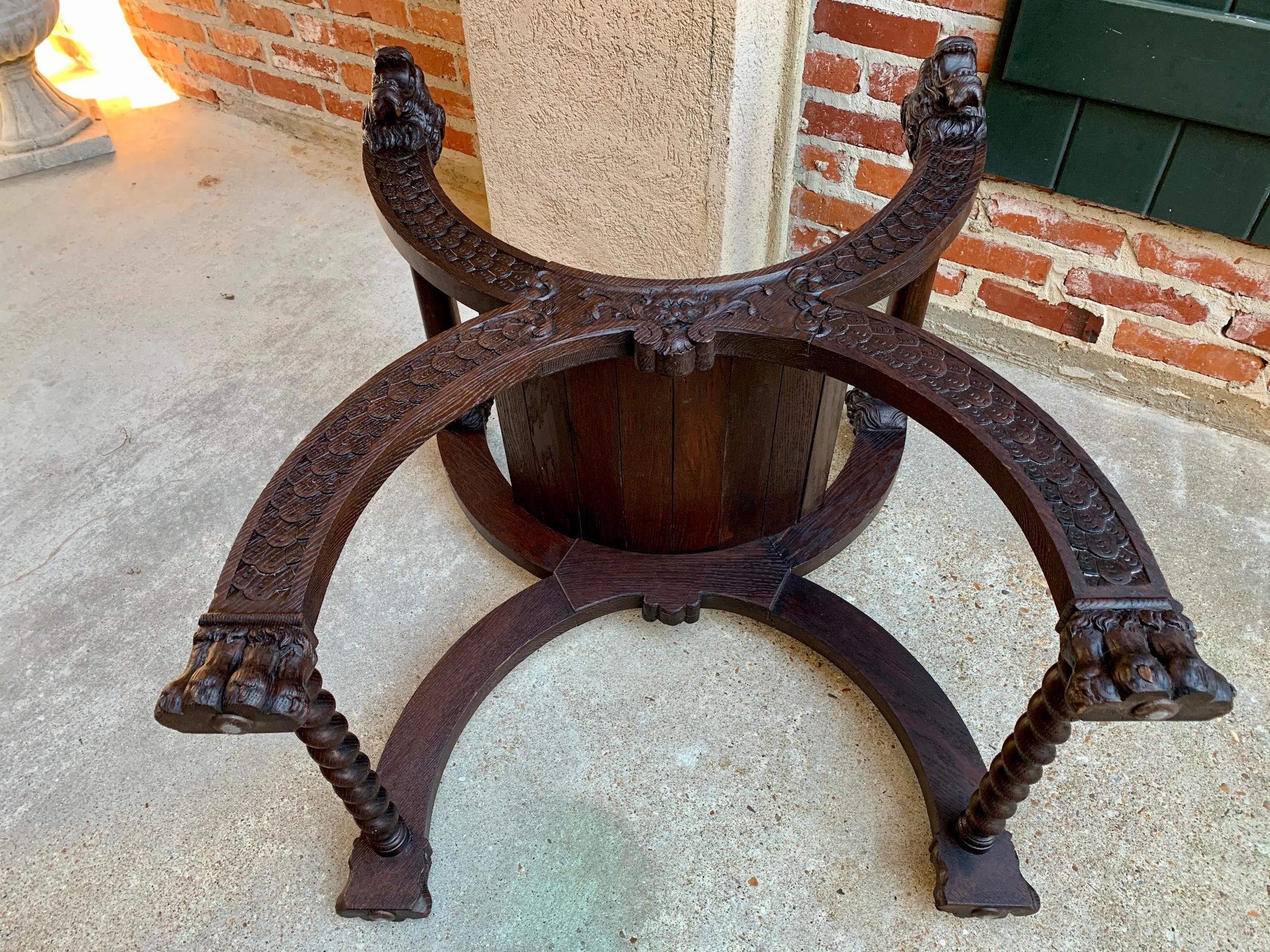 Antique French Carved Oak Curule Bench Chair Renaissance Dagobert Barley Twist 13