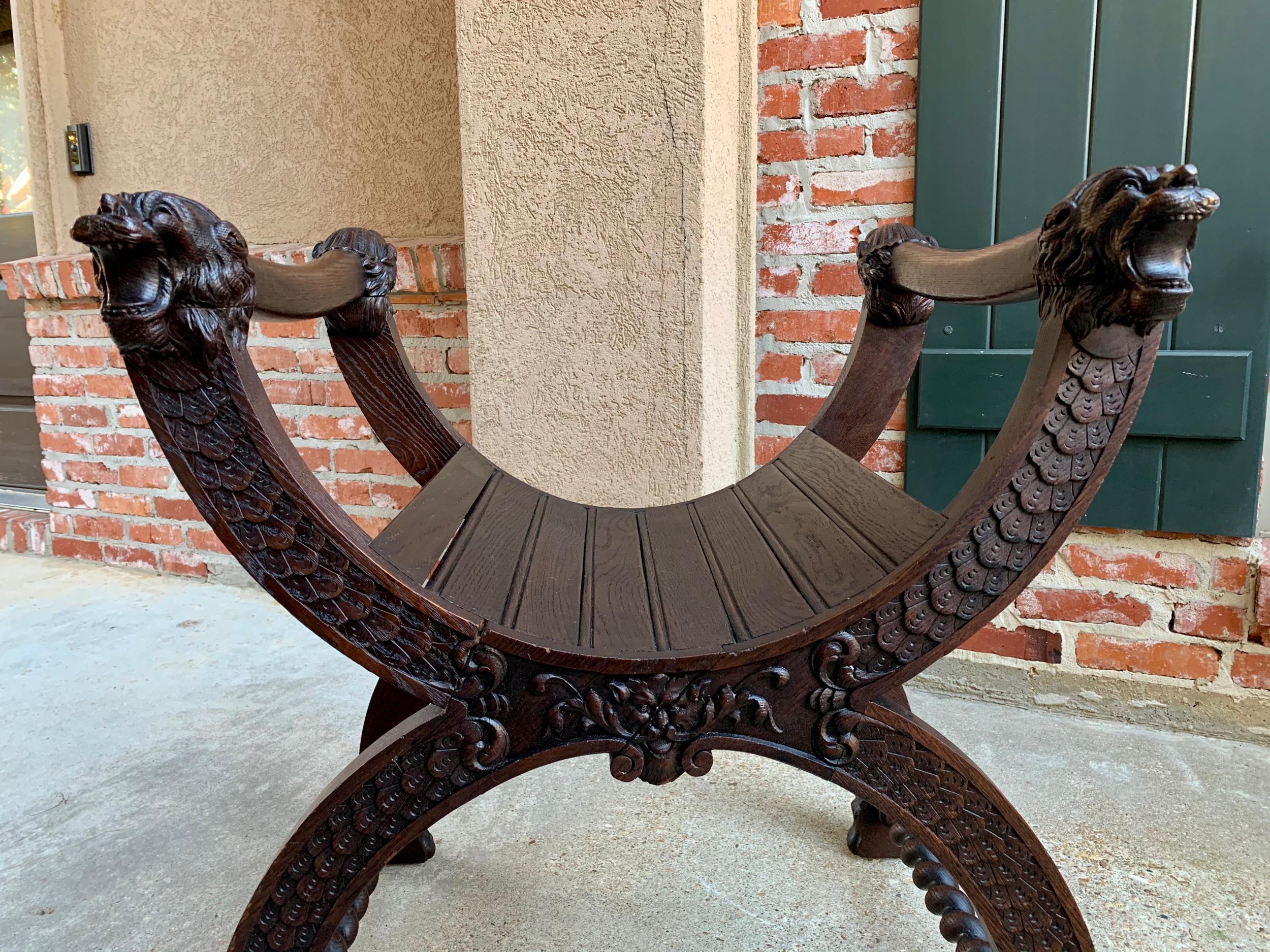 Hand-Carved Antique French Carved Oak Curule Bench Chair Renaissance Dagobert Barley Twist