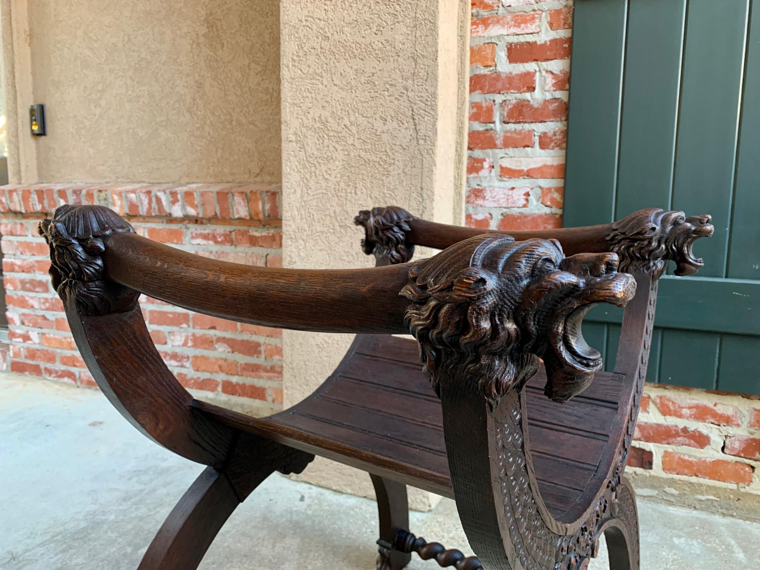 Antique French Carved Oak Curule Bench Chair Renaissance Dagobert Barley Twist In Good Condition In Shreveport, LA