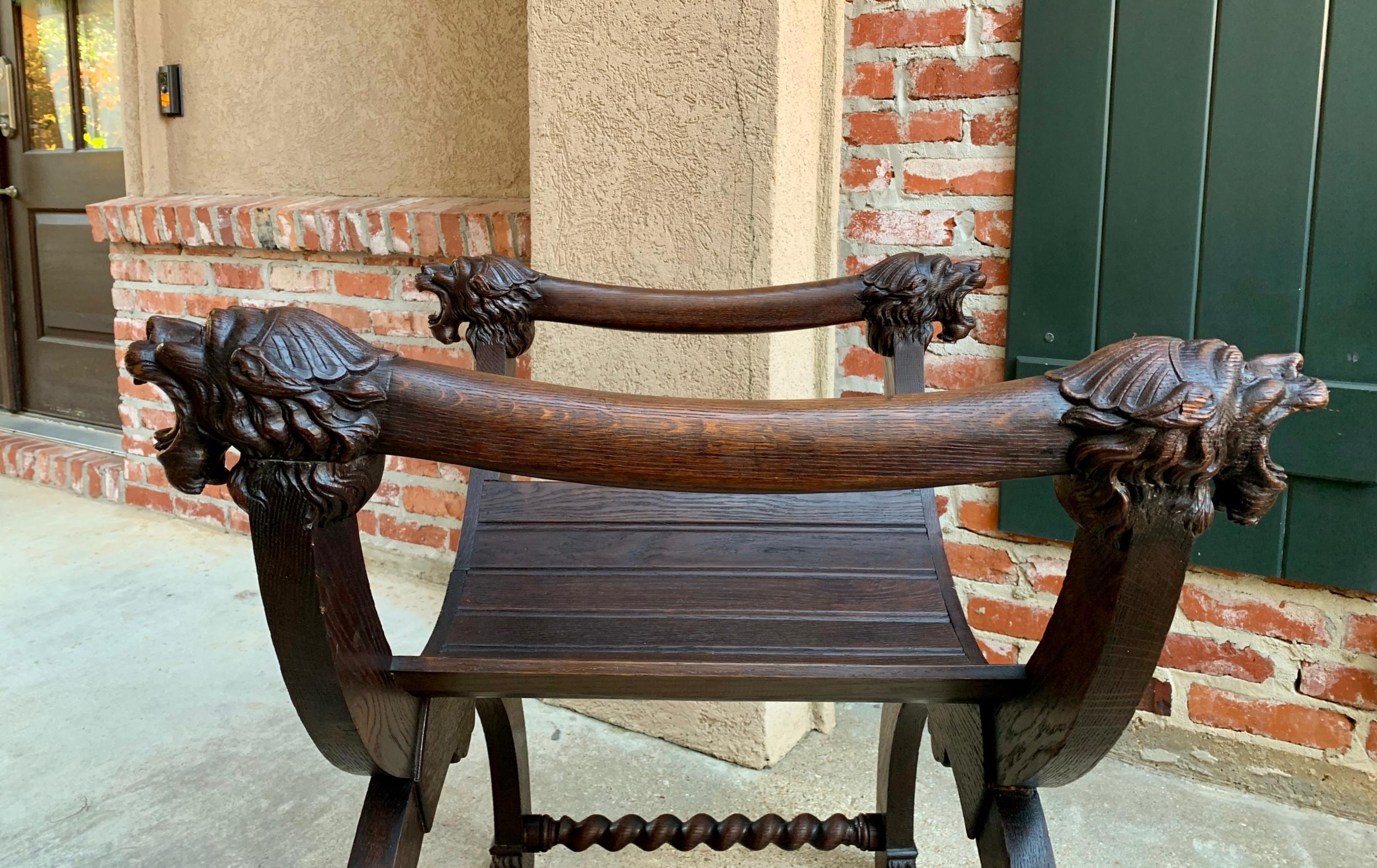 Antique French Carved Oak Curule Bench Chair Renaissance Dagobert Barley Twist 1