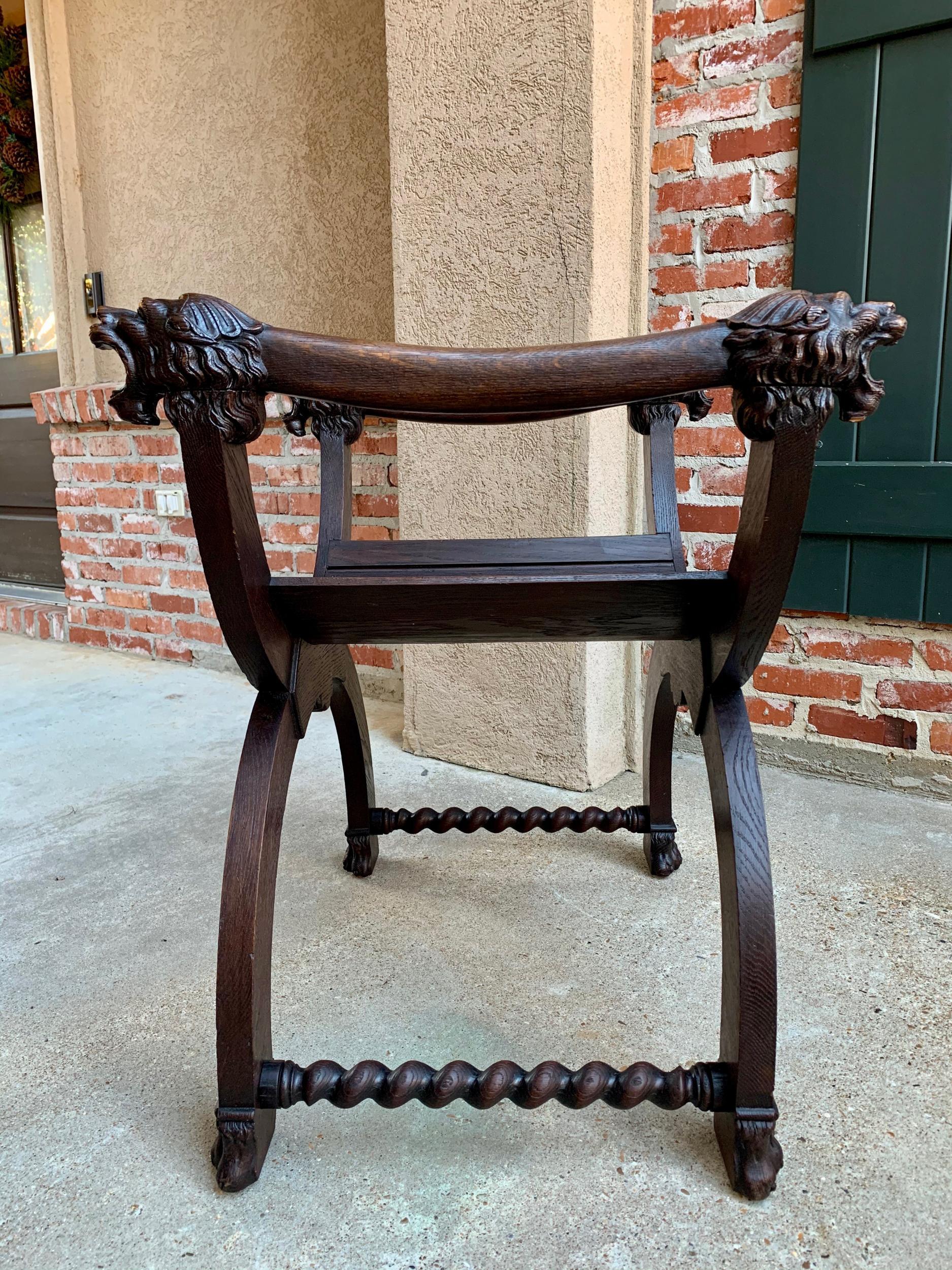 Antique French Carved Oak Curule Bench Chair Renaissance Dagobert Barley Twist 2