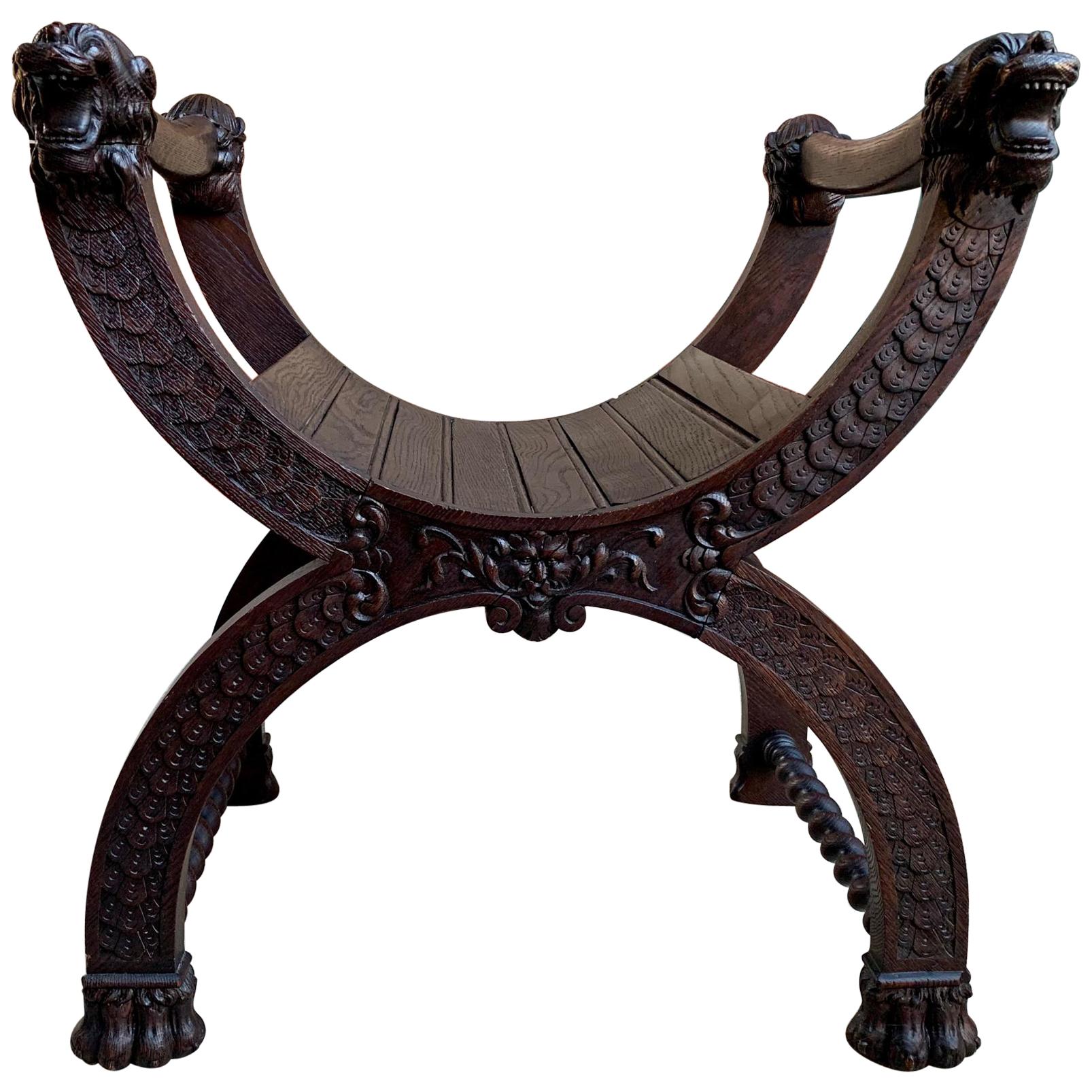 Antique French Carved Oak Curule Bench Chair Renaissance Dagobert Barley Twist