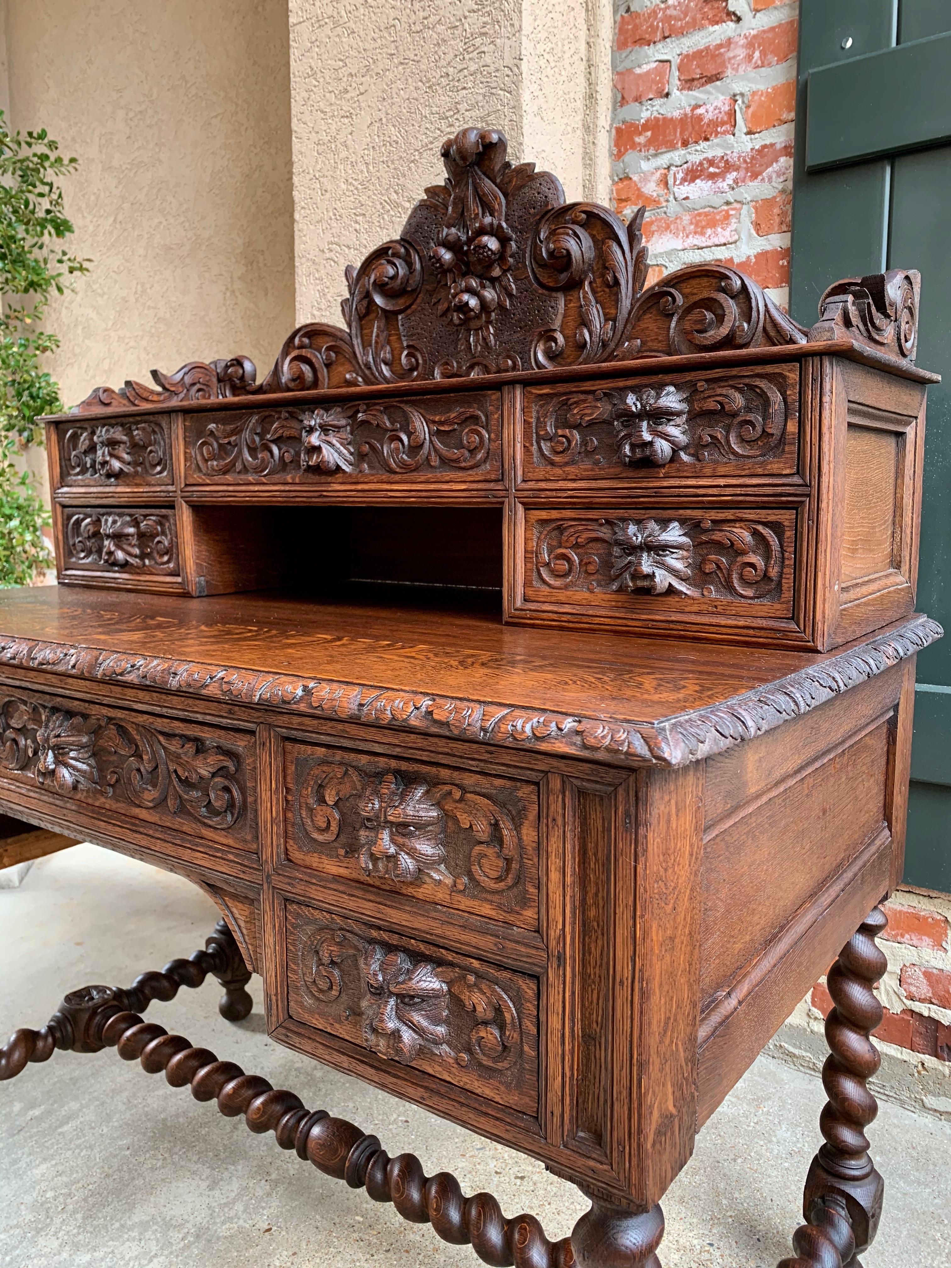 Antique French Carved Oak Desk Barley Twist Lion Black Forest Style Renaissance 10