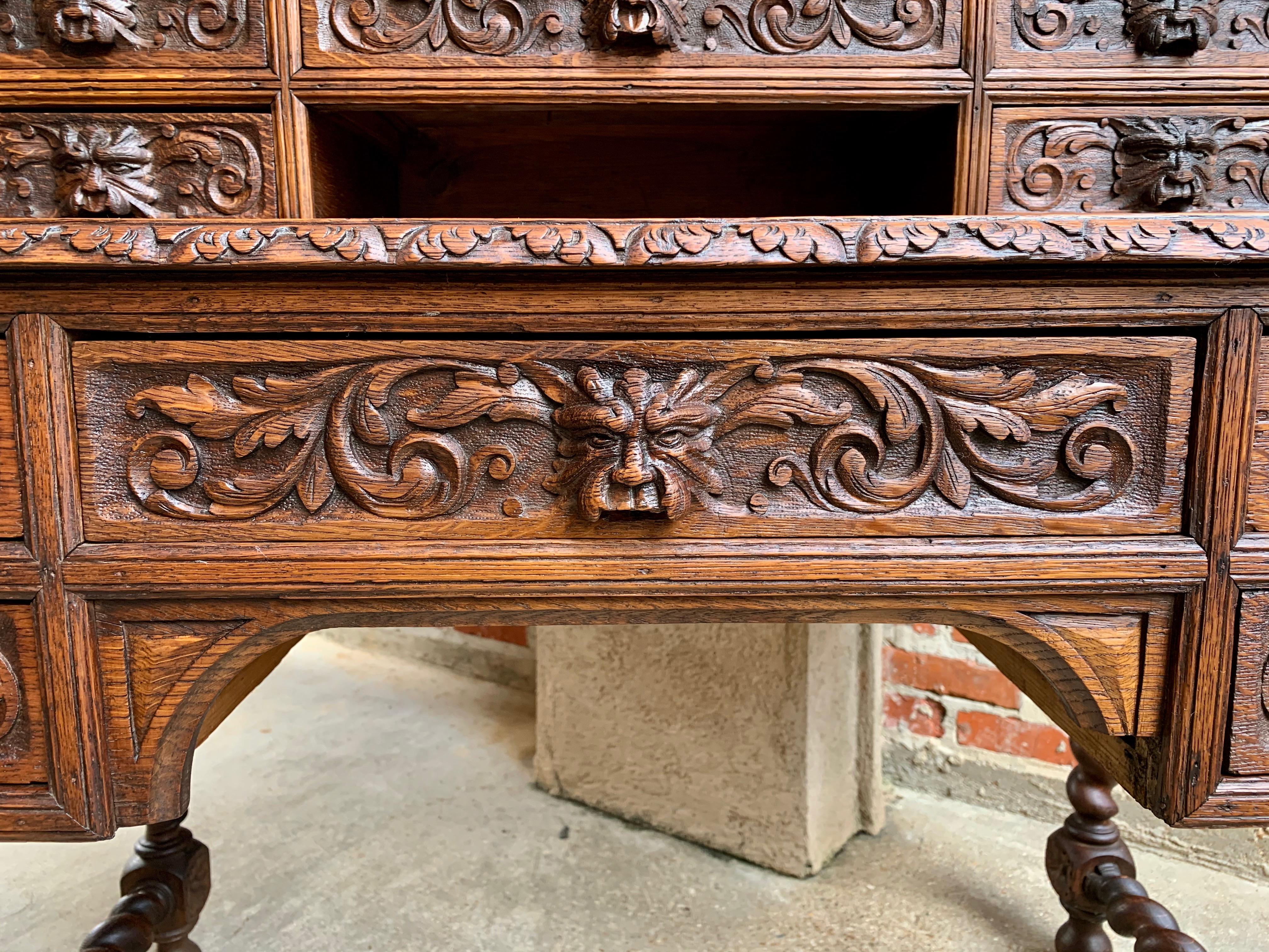 Antique French Carved Oak Desk Barley Twist Lion Black Forest Style Renaissance 11