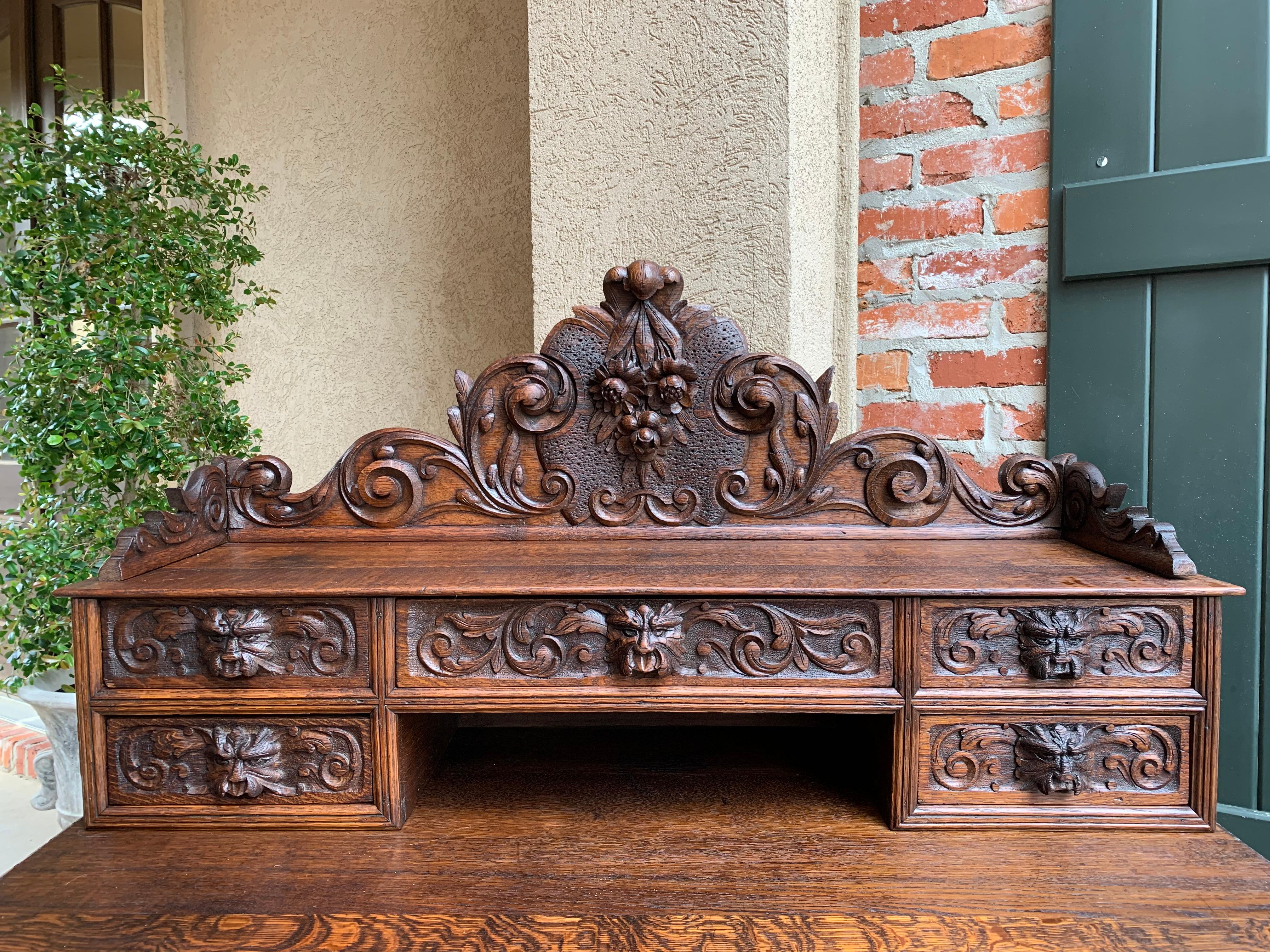 19th Century Antique French Carved Oak Desk Barley Twist Lion Black Forest Style Renaissance