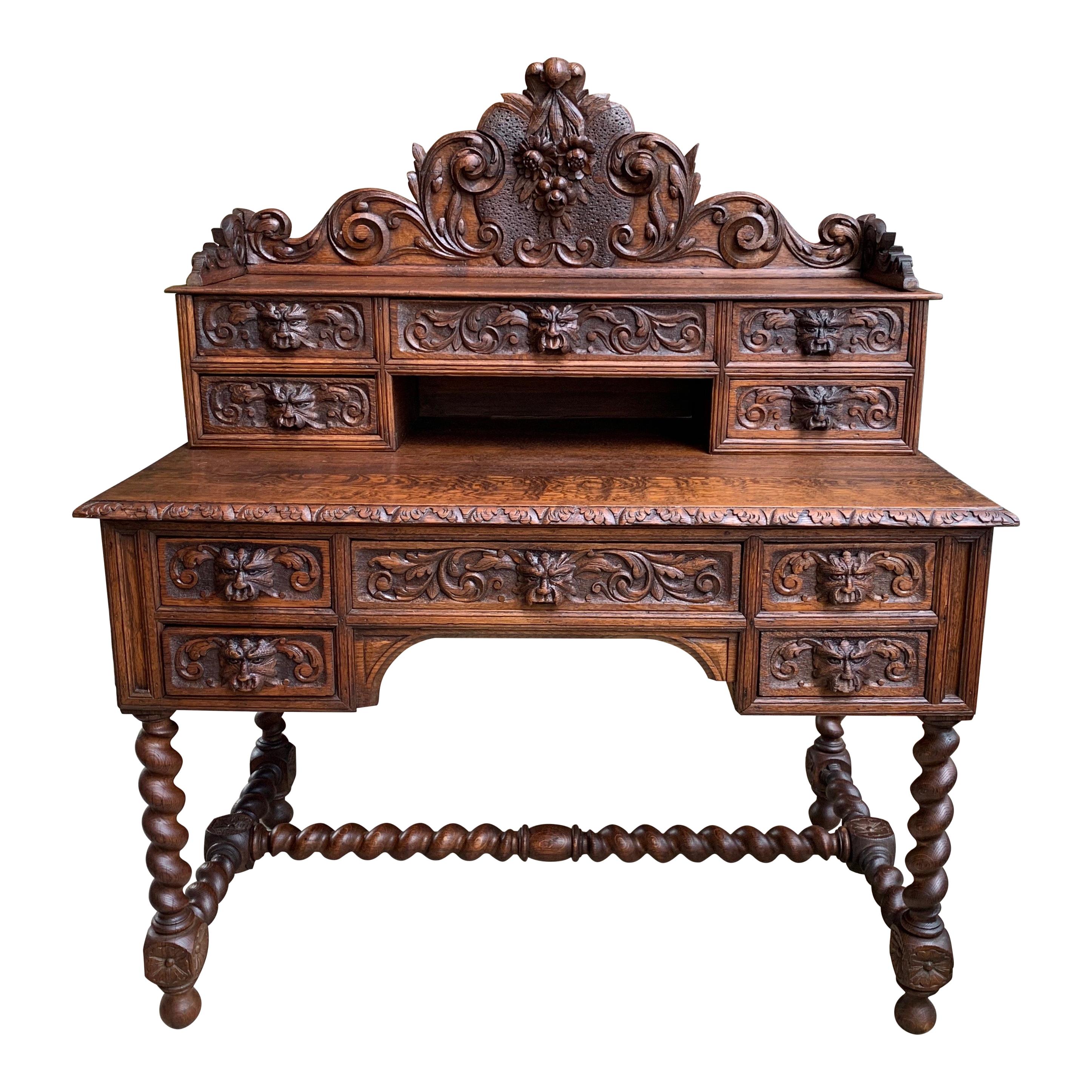 Antique French Carved Oak Desk Barley Twist Lion Black Forest Style Renaissance