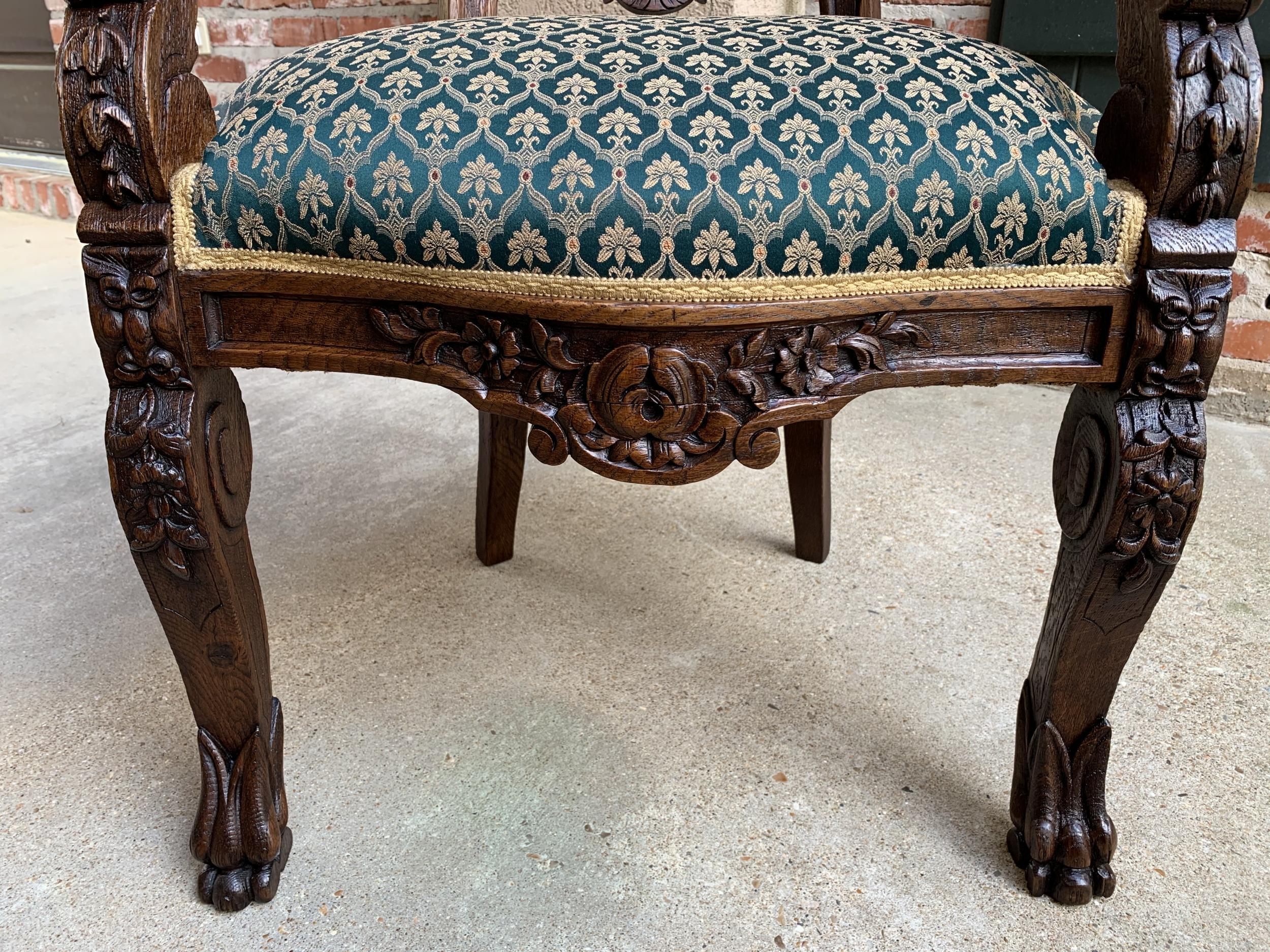 Upholstery Antique French Carved Oak Desk Hall Accent Arm Chair Renaissance, 19th century