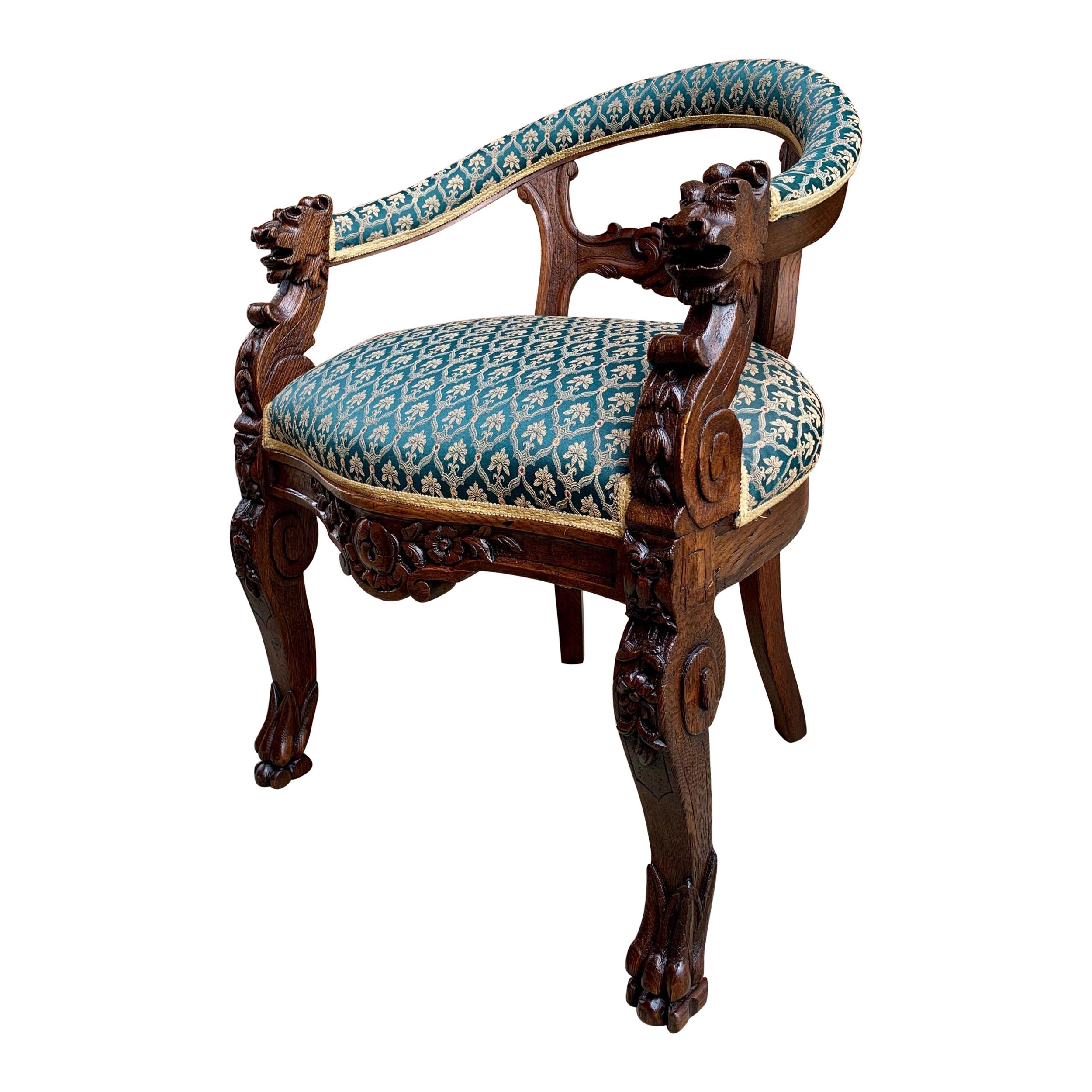 Antique French Carved Oak Desk Hall Accent Arm Chair Renaissance, 19th century